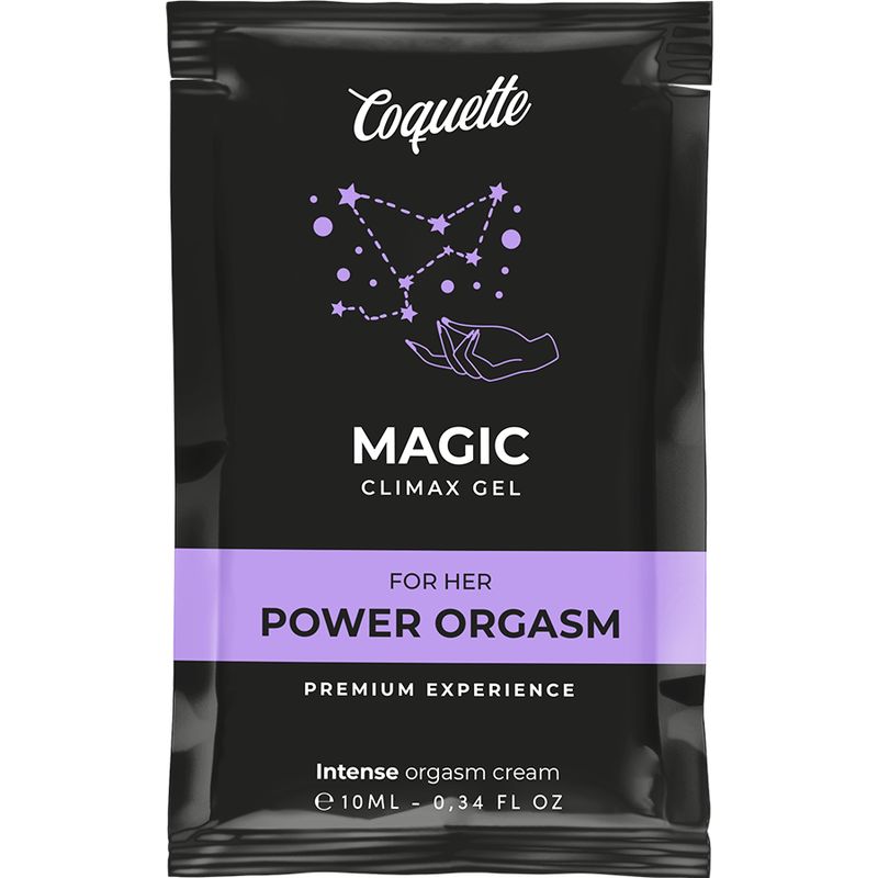 Schwarze Gel-Verpackung mit lila Akzenten. Text: MAGIC CLIMAX GEL, FOR HER POWER ORGASM. Inhaltsangabe und Logo.