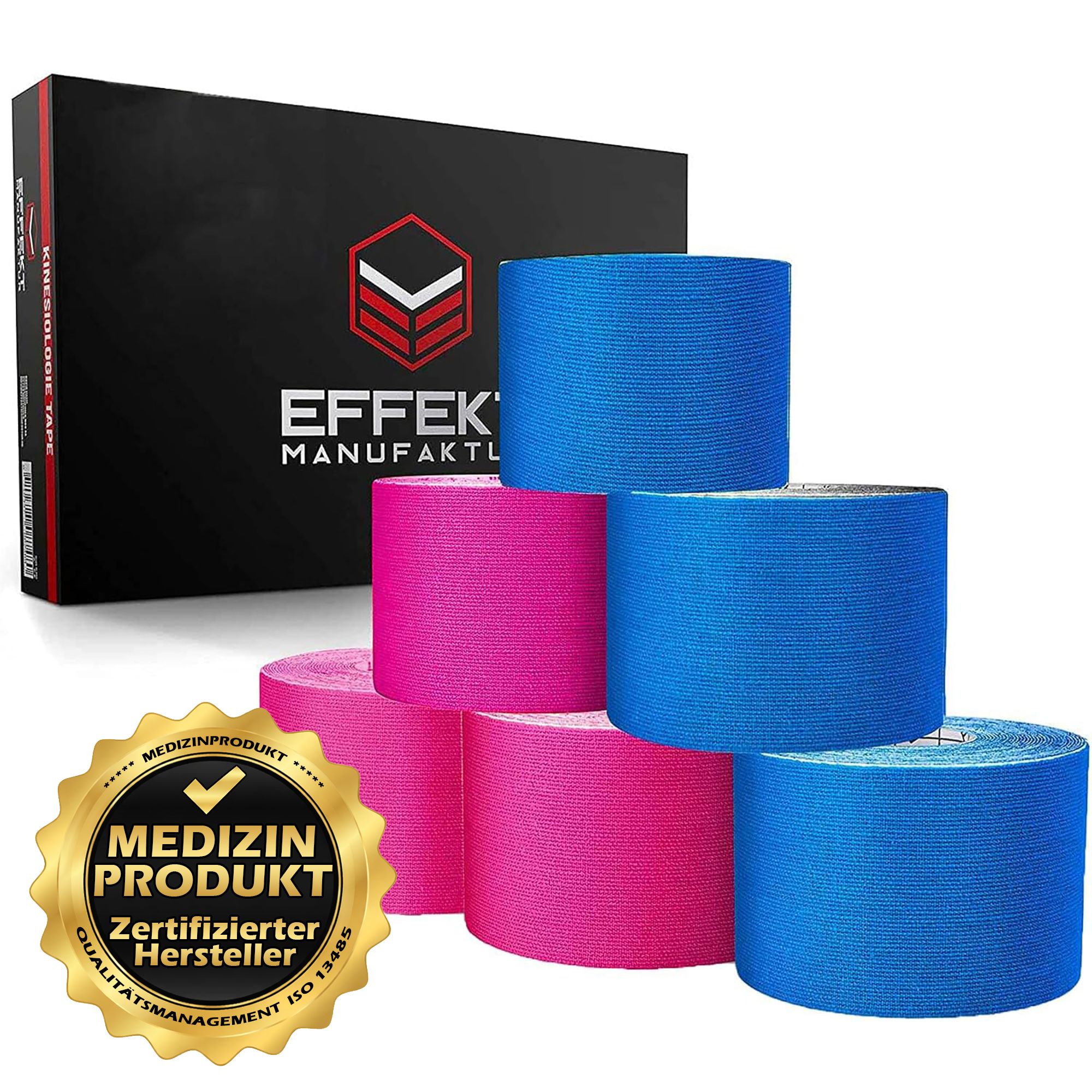 Verpackung mit Rollen Kinesiologie-Tape in blau und pink. Logo und Zertifizierung.
