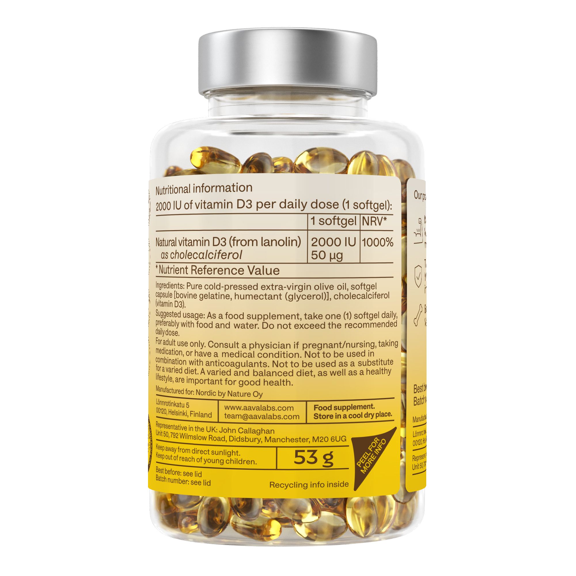 Rückseite der Vitamin D3-Flasche. Enthält Informationen zu Inhaltsstoffen, Dosierung und Nährwerten.