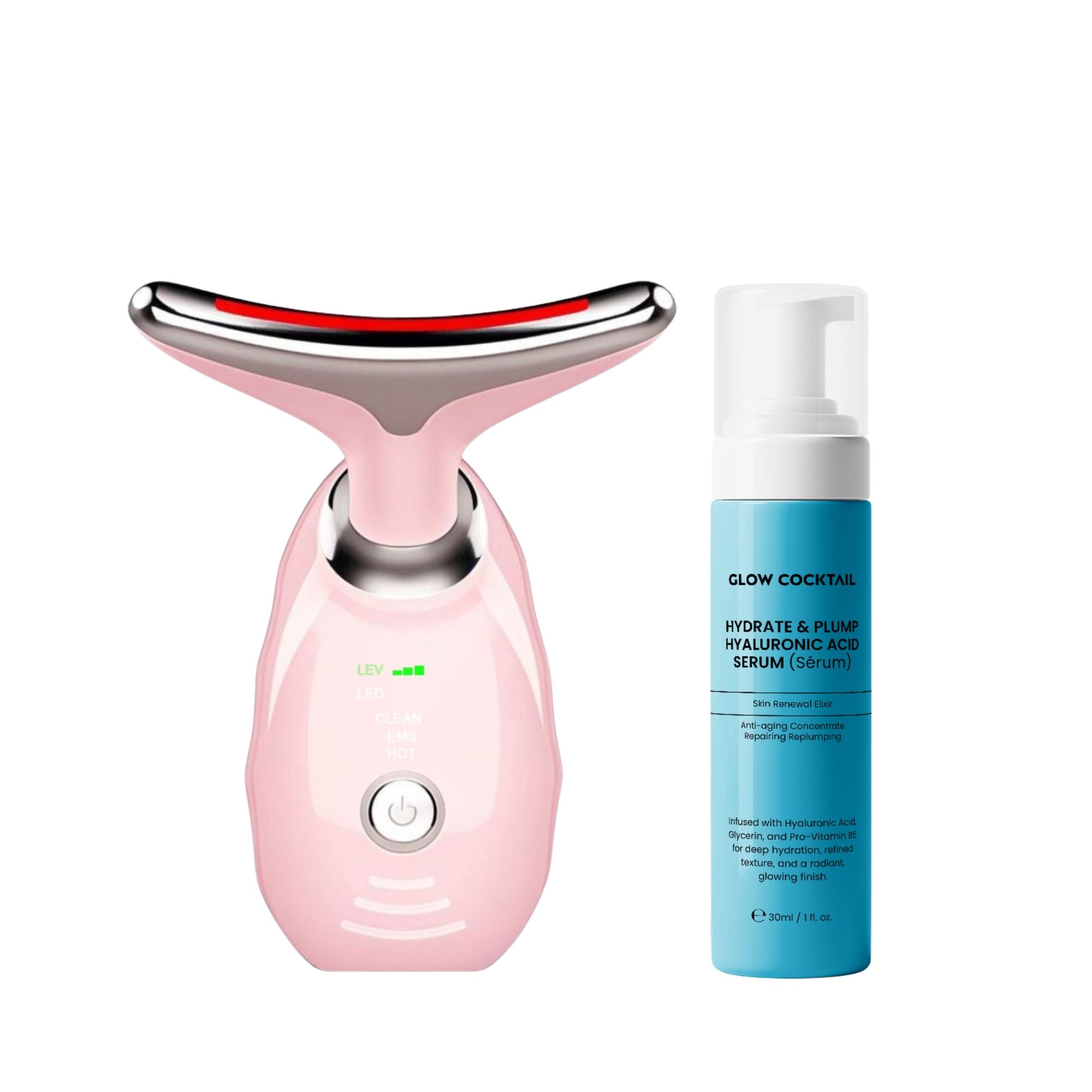 Glow Cocktail Anti Aging Gesichts und Halsmassagegerät Pink mit Hyaluronsäure Serum