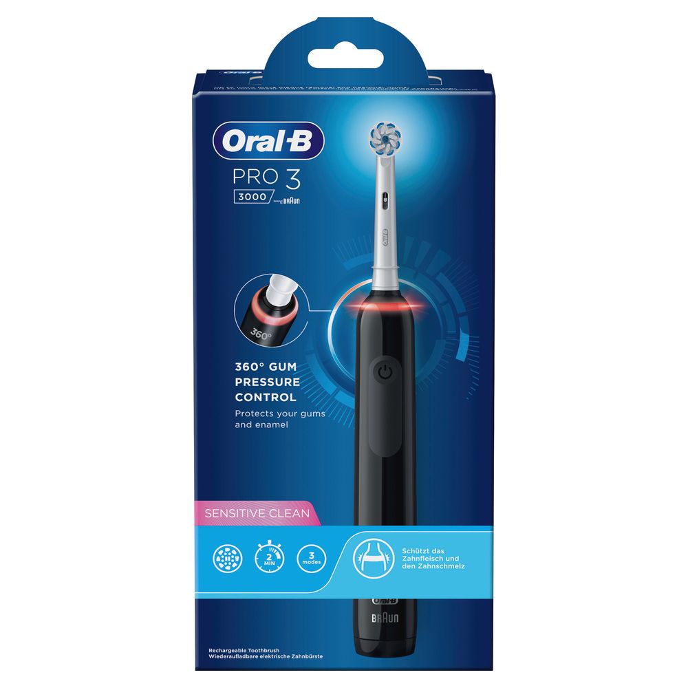 Verpackung der schwarzen elektrischen Zahnbürste Oral-B Pro 3, Sensitive Clean. Produktabbildung und Produktname.