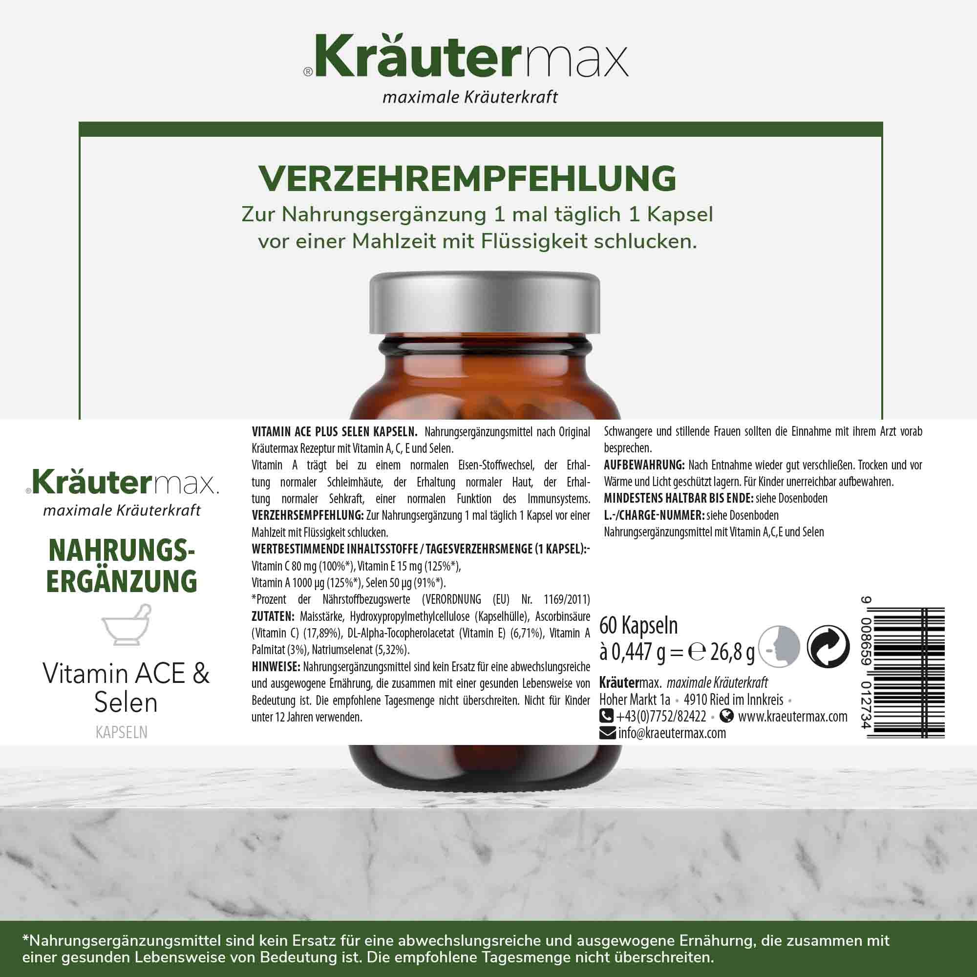 Rückseite der Kräutermax Vitamin ACE & Selen Kapseln Flasche. Text mit Verzehrempfehlung, Inhaltsstoffen und Warnhinweisen.