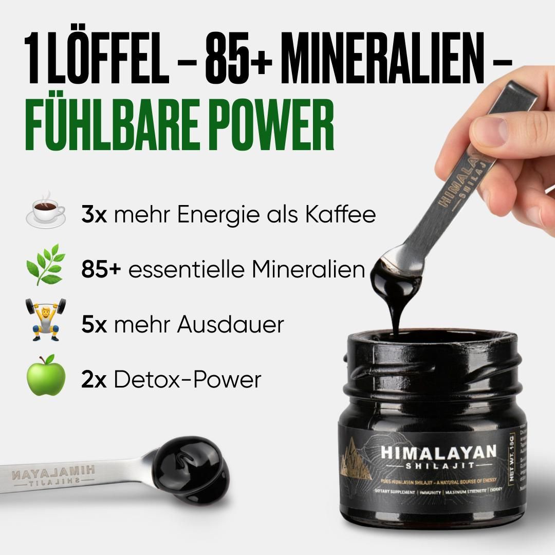 Glasbehälter mit schwarzem Inhalt. Löffel mit Produkt. Text: 1 Löffel - 85+ Mineralien - Fühlbare Power.