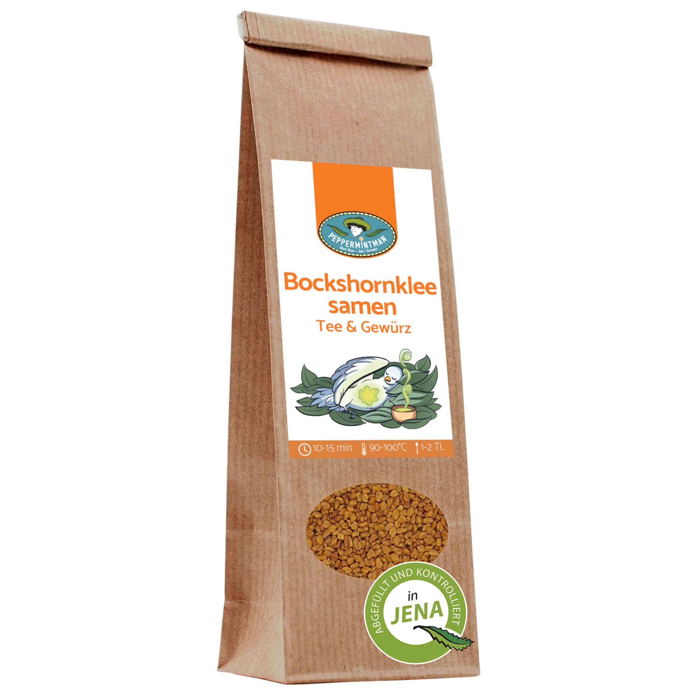 Braune Papiertüte mit Aufdruck. Auf dem Etikett: Bockshornkleesamen Tee & Gewürz. Logo: PEPPERMINTMAN. Siegel: IN JENA.