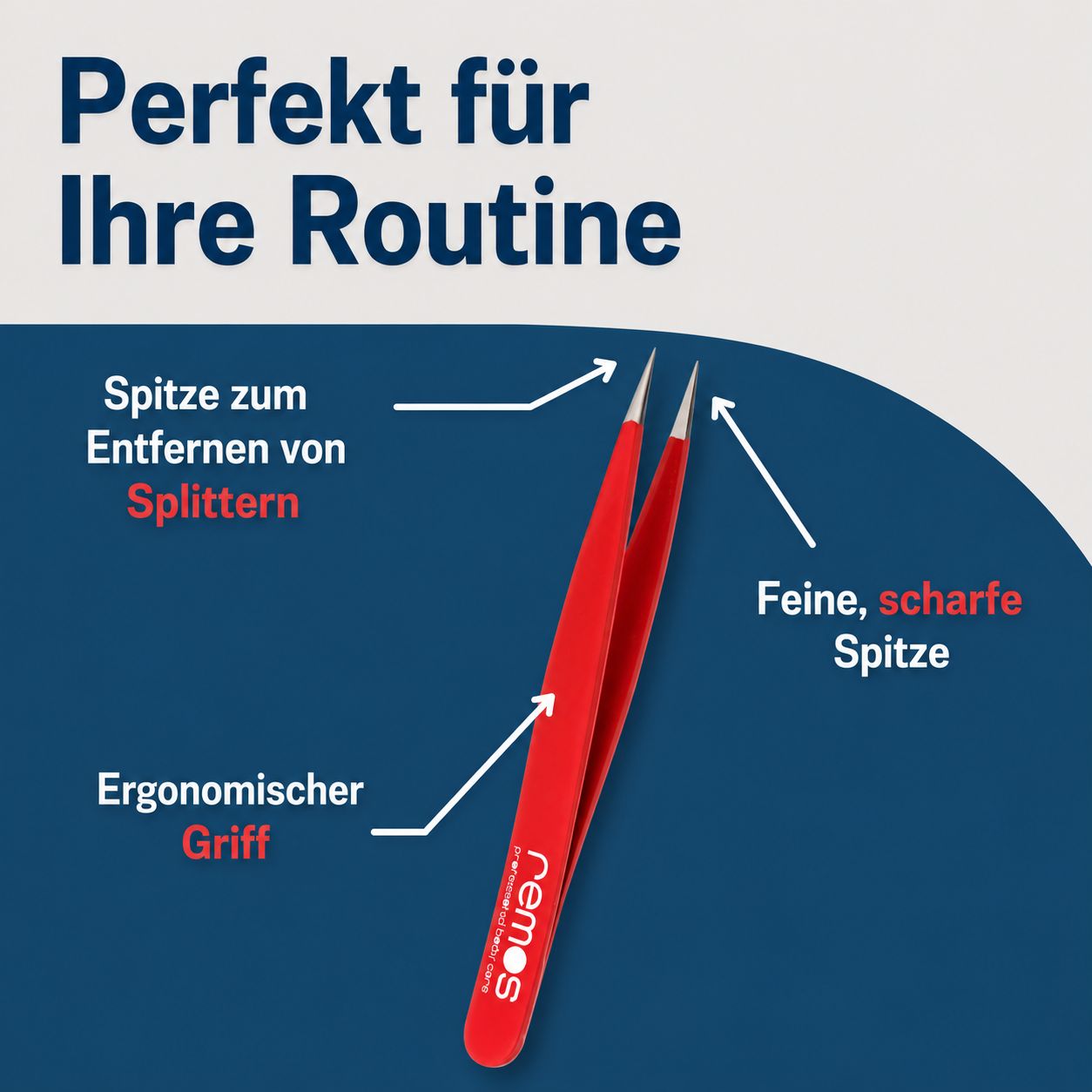 Rote REMOS Splitterpinzette mit ergonomischem Griff und feiner, scharfer Spitze zum Entfernen von Splittern.
