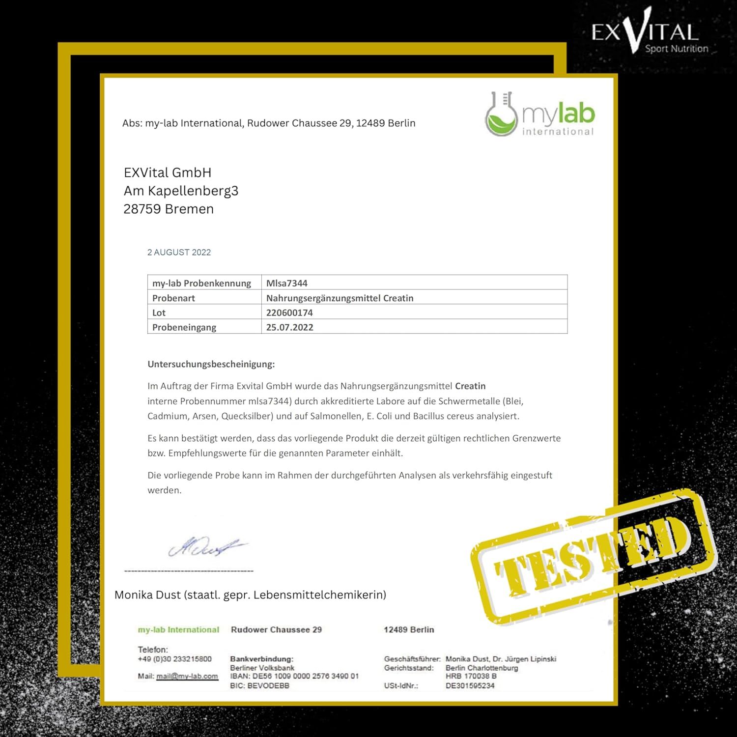 Laborbericht. Text: mylab international, Probenbezeichnung: Nahrungsergänzungsmittel Creatin. Stempel: TESTED.