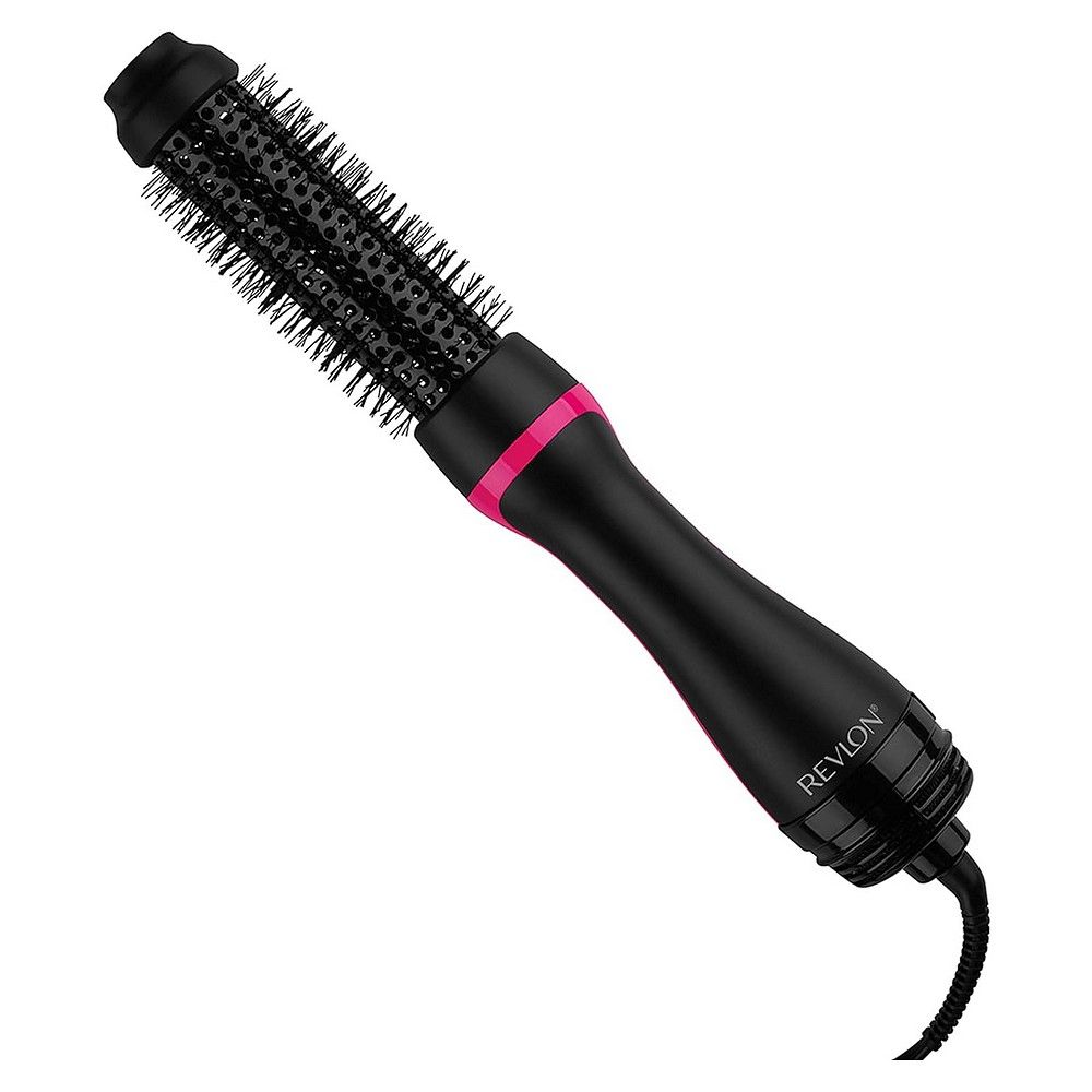Revlon Haartrockner und Volumiser, schwarz, mit Rundbürste und rosa Akzenten.