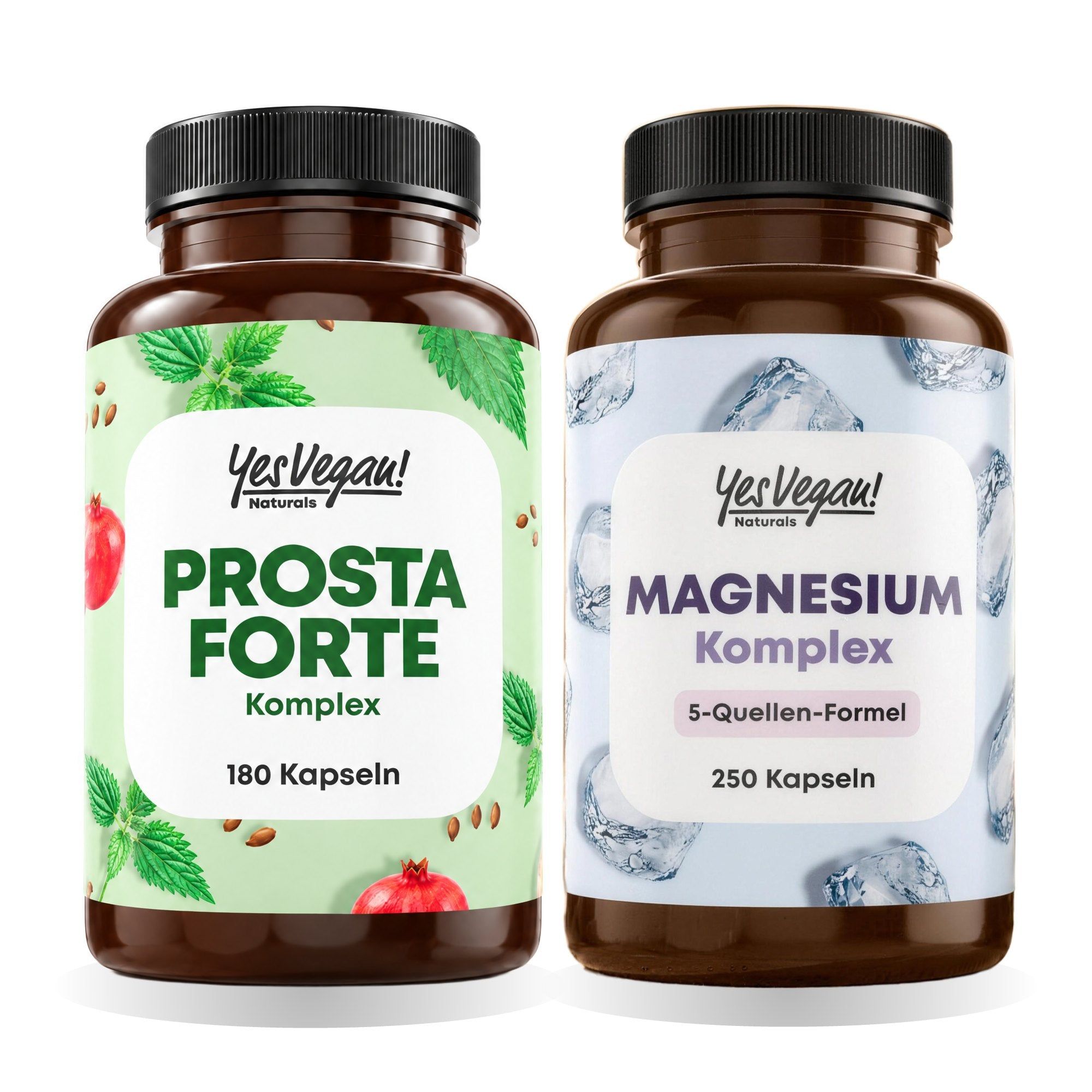 Zwei Flaschen: 'Prosta Forte Komplex' (180 Kapseln) und 'Magnesium Komplex' (250 Kapseln).
