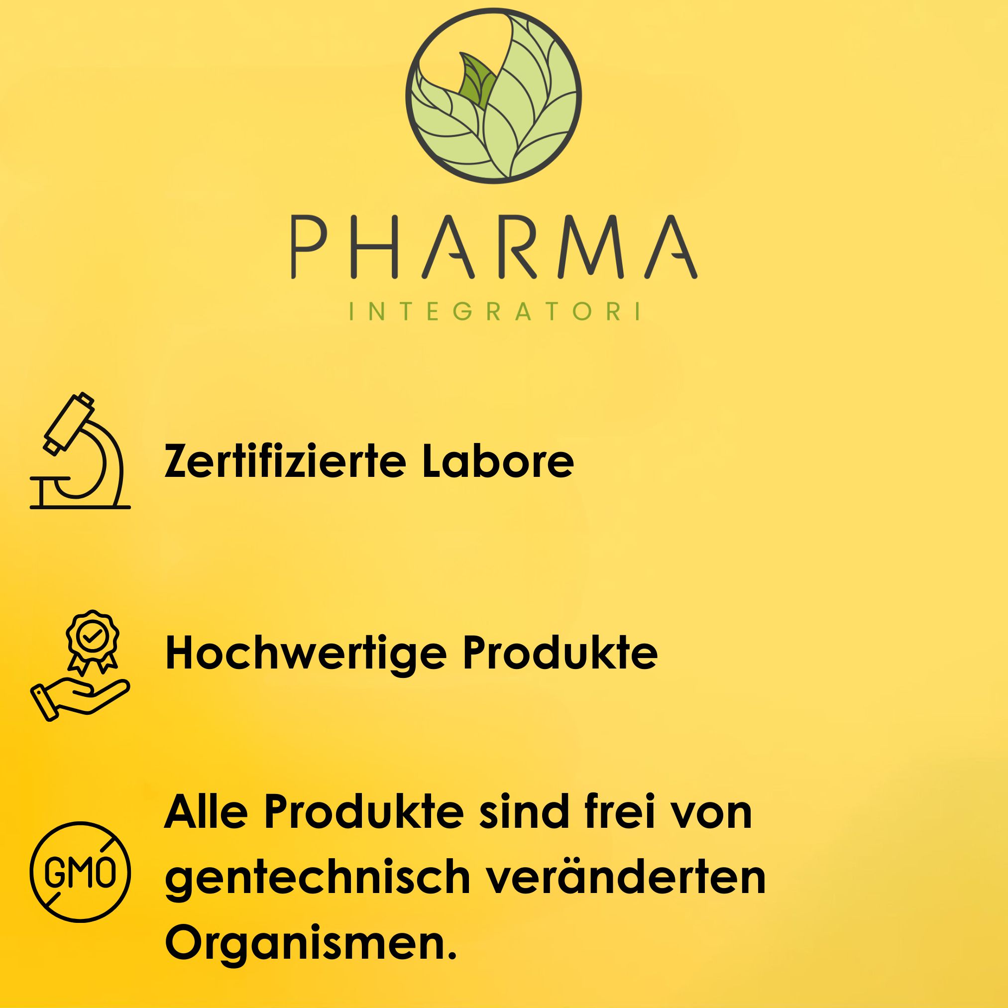 Pharma Integratori: Zertifizierte Labore, hochwertige Produkte, frei von gentechnisch veränderten Organismen.