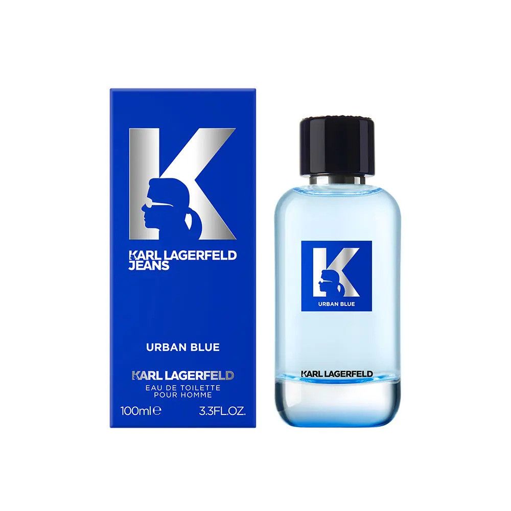 Blaues Parfümflakon und -verpackung. Flakon mit schwarzem Deckel, blaue Verpackung mit Logo und Schriftzug.