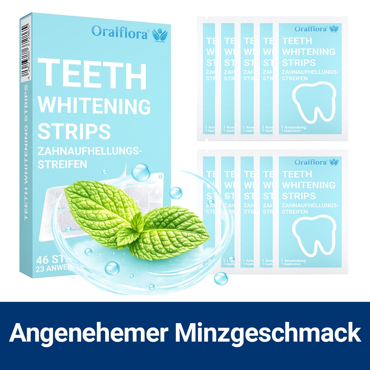Packung Oralflora Teeth Whitening Strips mit 46 Streifen für 23 Anwendungen, inklusive Minzblättern.