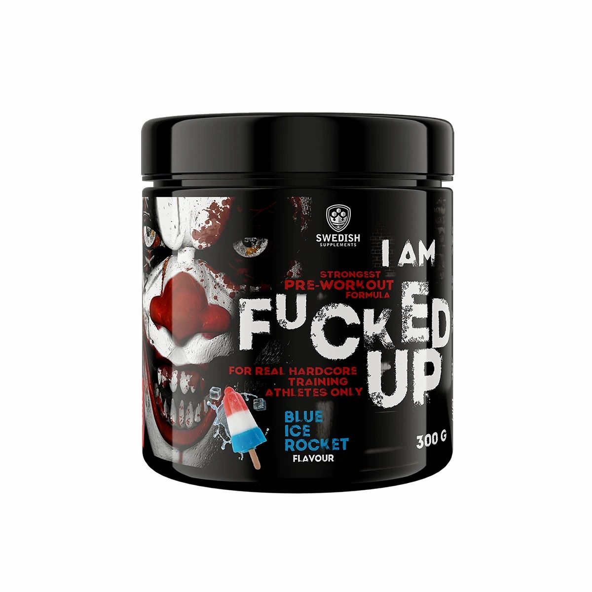 Schwarze Dose mit Aufdruck. Text: "FUCKED UP", "Blue Ice Rocket". Marke: Swedish Supplements. 300g.