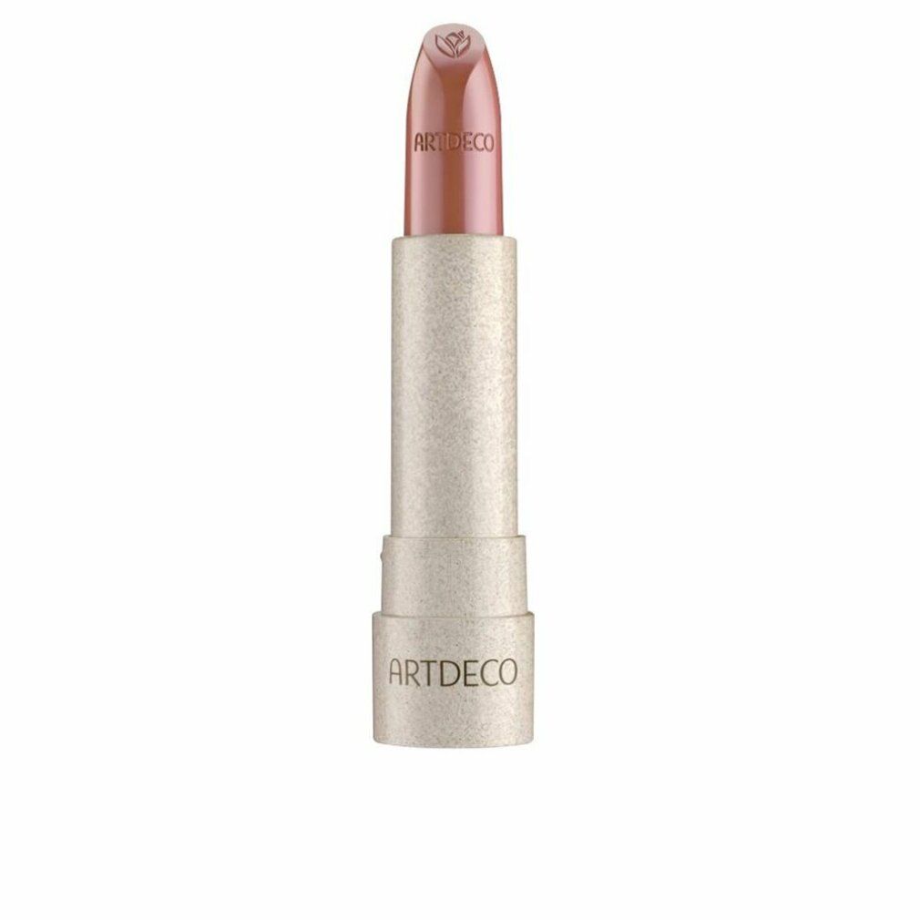 Lippenstift mit beiger Hülse. Auf dem Lippenstift steht ARTDECO. Der Lippenstift ist hellbraun.