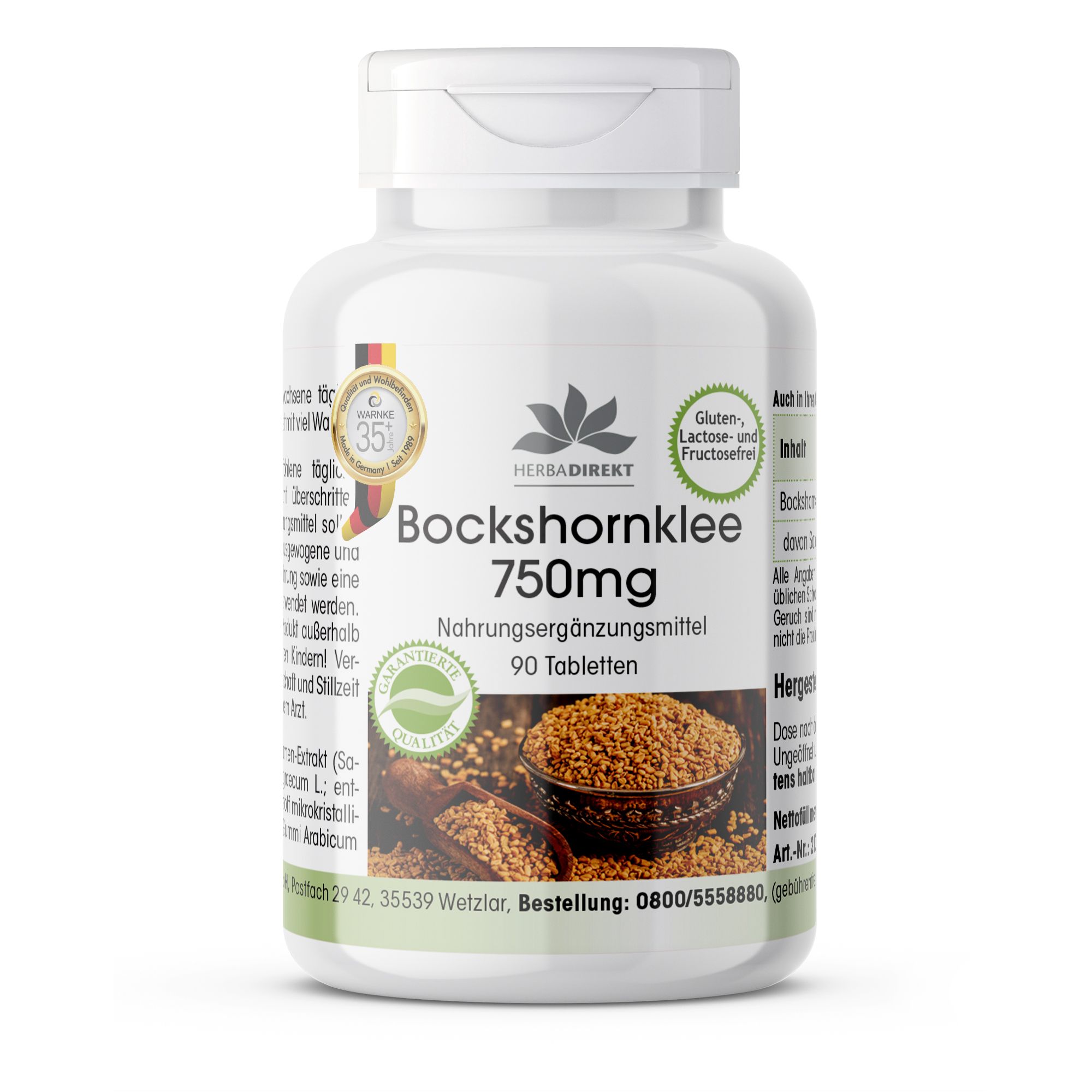 Weiße Flasche mit Bockshornklee 750mg Tabletten. 90 Tabletten. Gluten-, Lactose- und Fructosefrei. Mit Qualitäts- und Herbadirekt-Siegel.