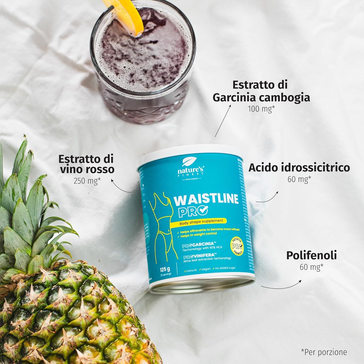 Dose "Waistline Pro" neben Ananas und Glas. Beschriftungen: Garcinia, Rotwein, Hydroxyzitronensäure, Polyphenole.