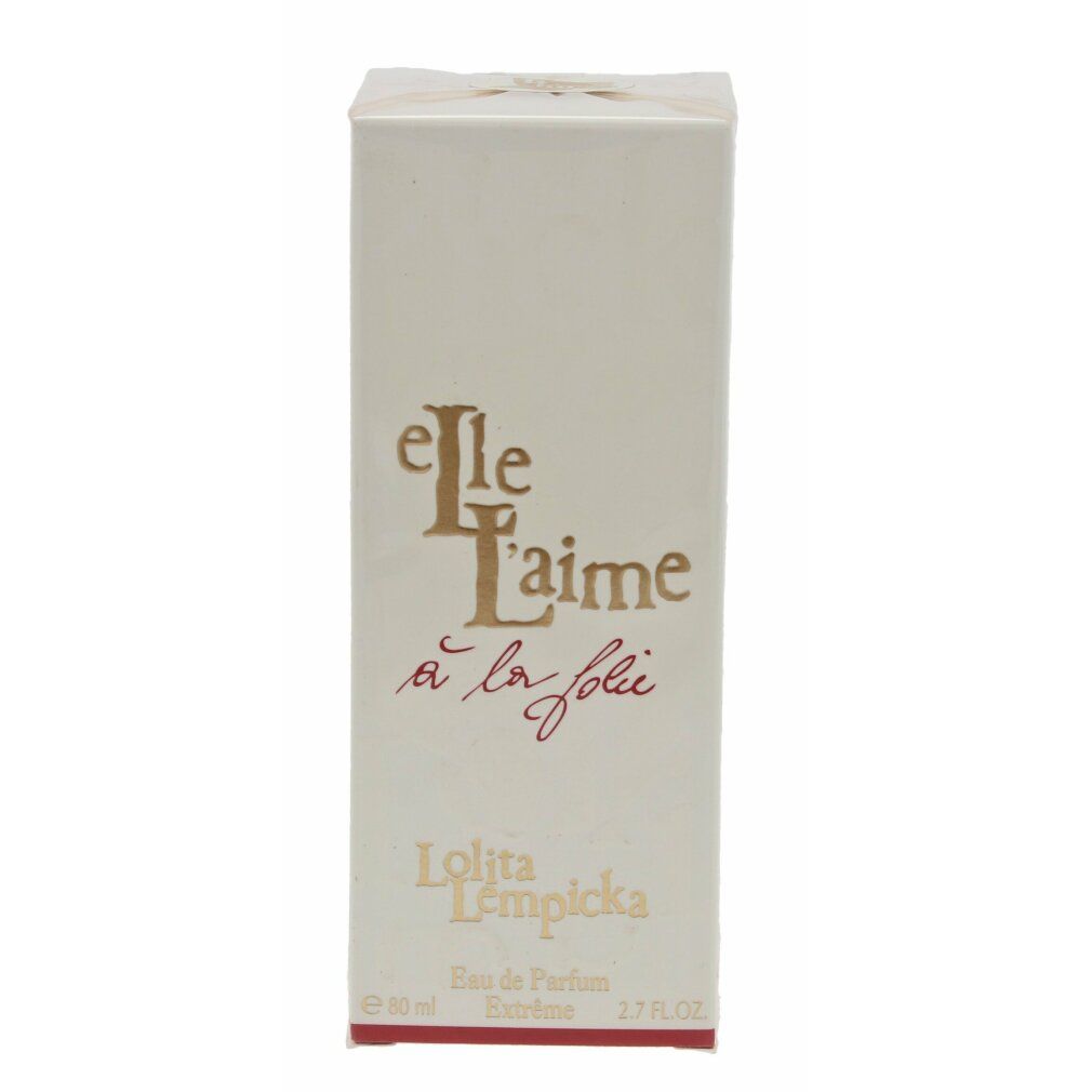 Weiße Verpackung. Schriftzug: Elle L'Aime à la folie, Lolita Lempicka. Eau de Parfum. Extrême.
