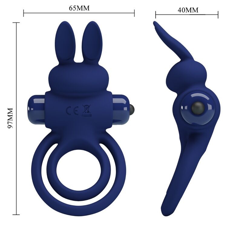 Blauer Rabbitvibrator mit doppelter Ringform. Maße: 97x65x40mm. CE-Kennzeichnung.