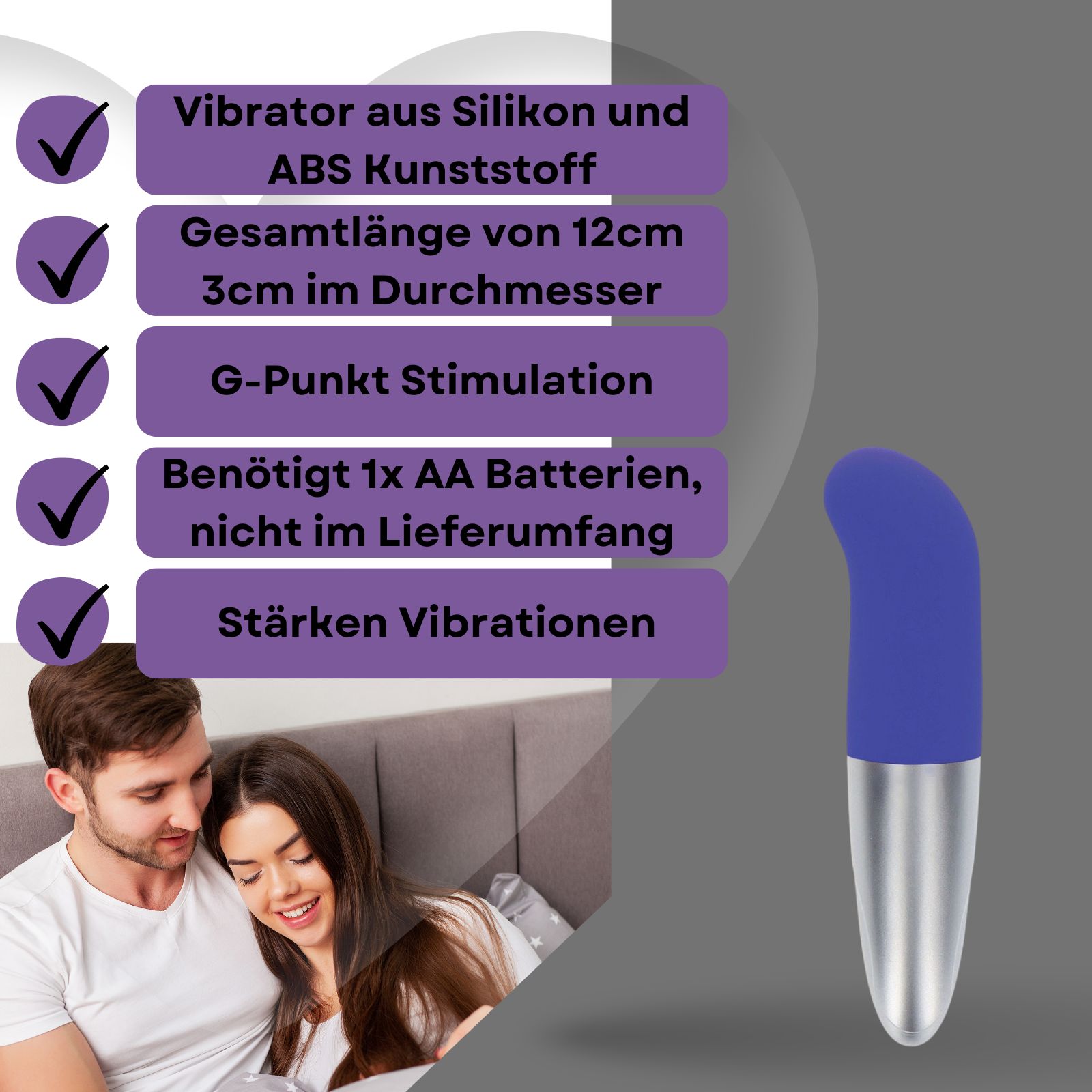 Blauer Vibrator mit silbernem Ende. Aus Silikon und ABS-Kunststoff. Gesamtlänge 12 cm, Durchmesser 3 cm. G-Punkt Stimulation.