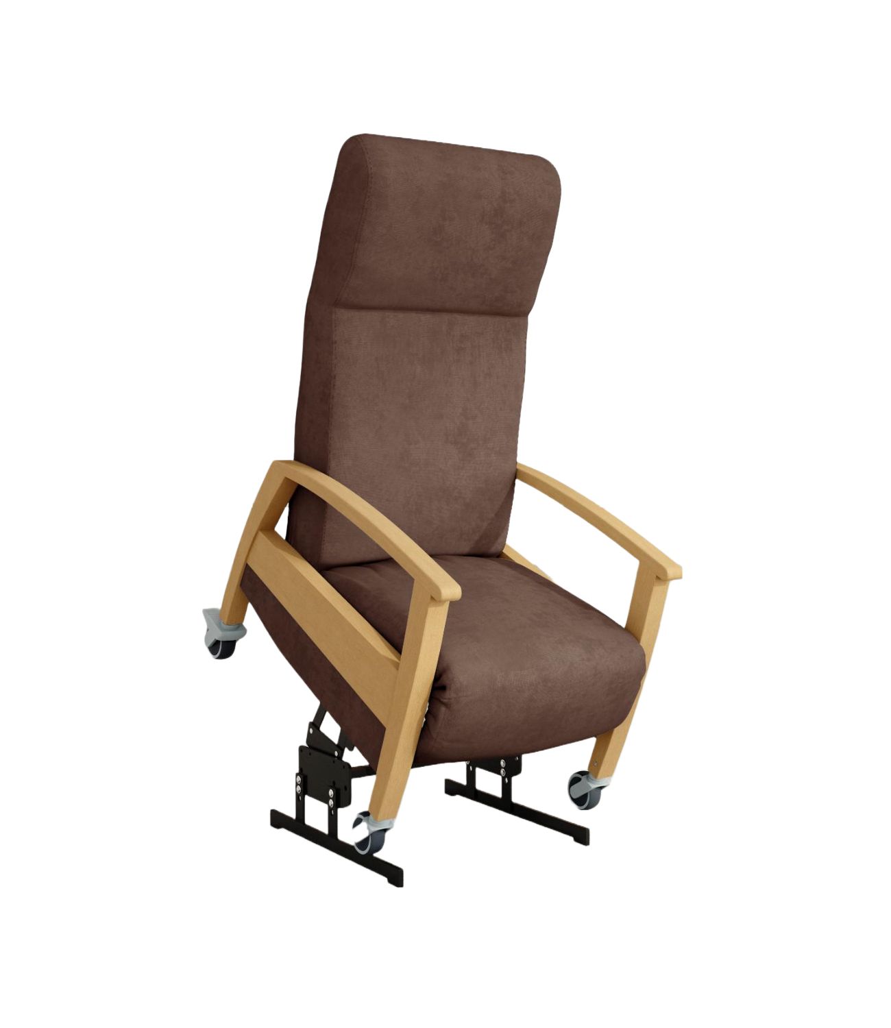 Brauner Sessel mit Holzrahmen, Armlehnen und Rollen. Hohe Rückenlehne. Aufstehhilfe-Funktion.