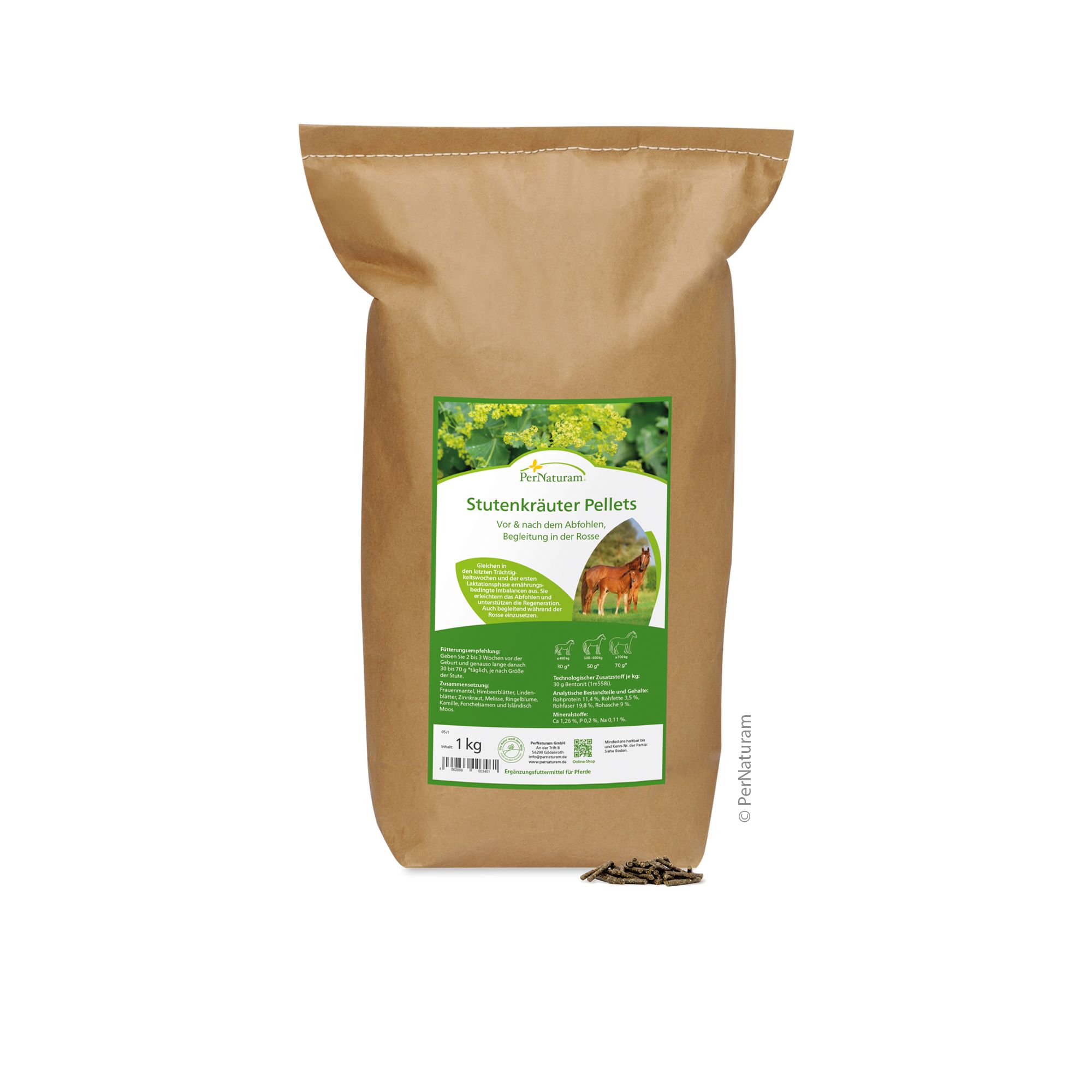 Papiertüte mit Etikett. Aufschrift: Stutenkräuter Pellets. Grün-weißes Etikett mit Logo und Produktinformationen.