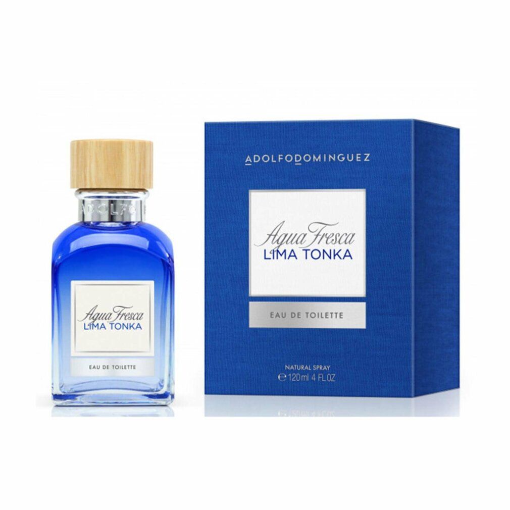 Blaues Parfümflakon mit Holzdeckel und blauer Verpackung. Aufschrift: Agua Fresca Lima Tonka Eau de Toilette.