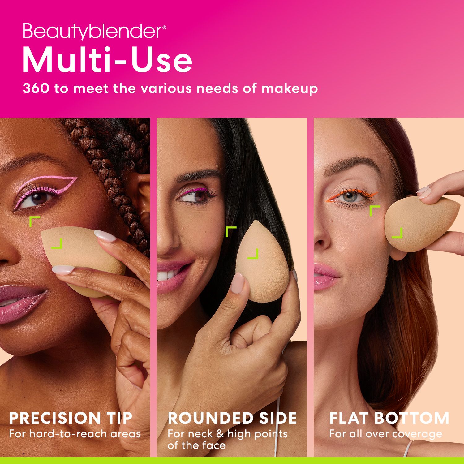 Drei Frauen halten Beautyblender-Schwämme. Text: Beautyblender Multi-Use. Präzisionsspitze, abgerundete Seite, flache Unterseite. Für verschiedene Make-up-Bedürfnisse.