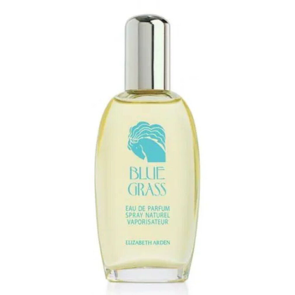 Glasflakon mit silbernem Deckel. Aufschrift "BLUE GRASS". Text: Eau de Parfum, Spray Naturel, Vaporisateur. Marke: Elizabeth Arden.