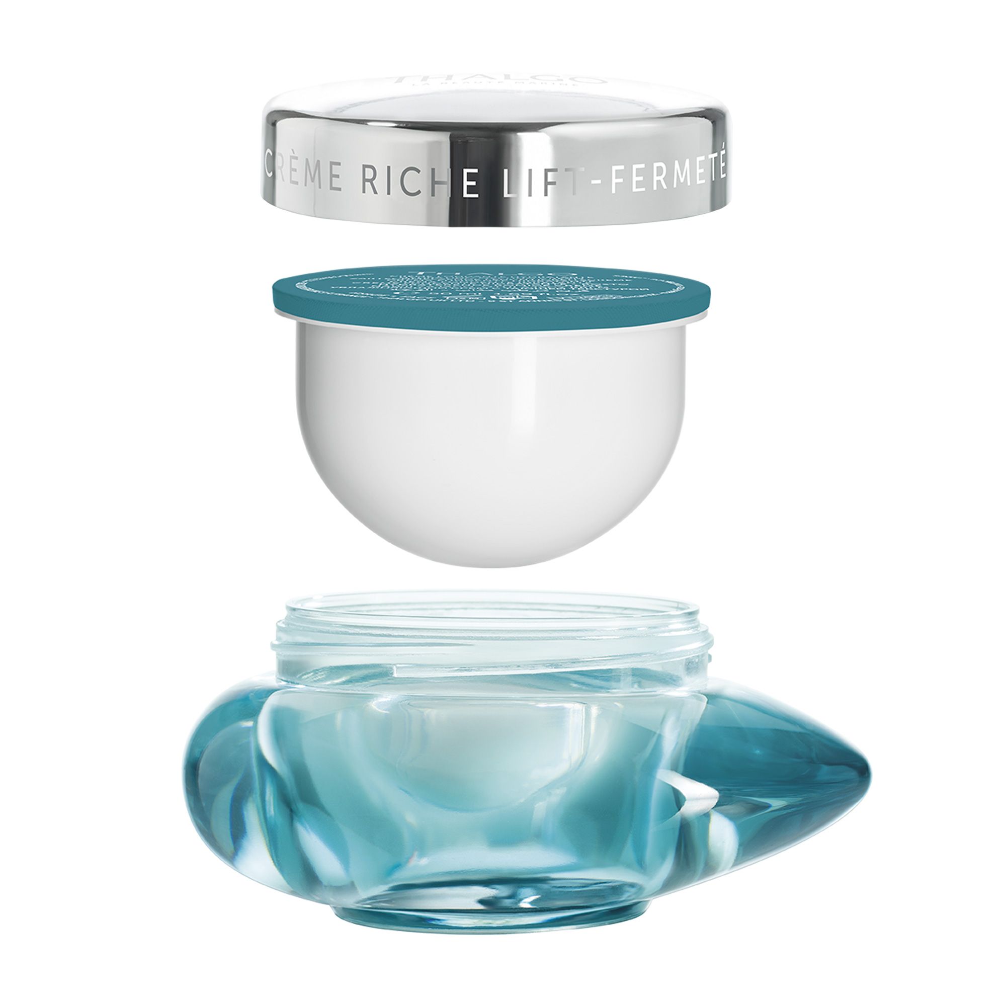 Produkt in Einzelteilen: weißer Behälter, blauer Deckel, Glasbehälter. Aufschrift: Crème Riche Lift-Fermeté.