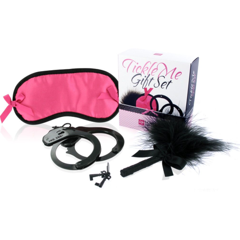 Geschenkset mit Augenmaske, Handschellen, Federfächer und Verpackung. Handschellen und Fächer sind schwarz. Augenmaske pink.