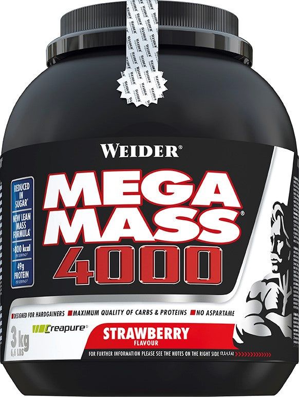Weider Mega Mass 4000, 3kg, Erdbeergeschmack. Schwarz-roter Behälter mit Produktinformationen.