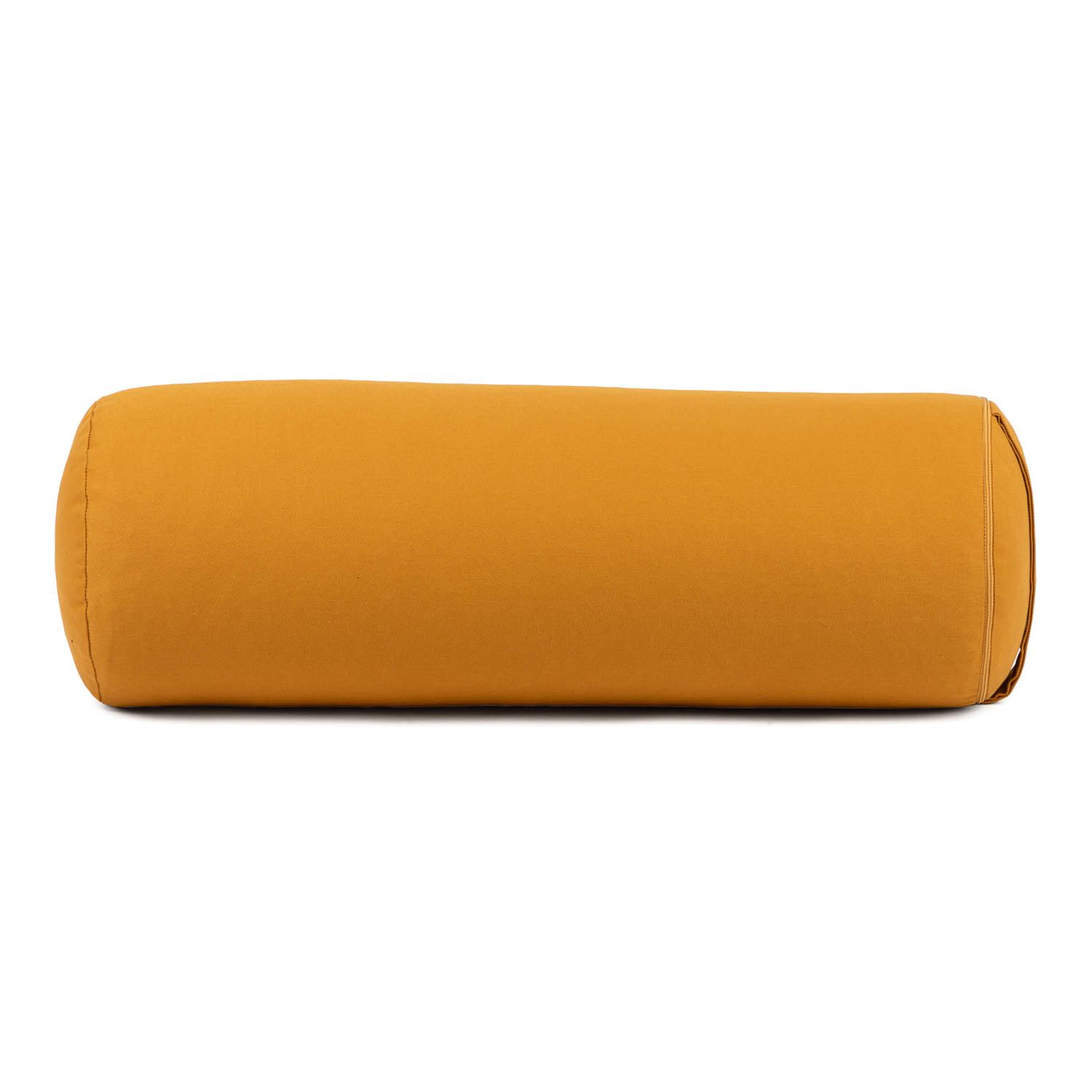 Gelbes Yoga-Bolster, zylindrisch. Kapok-Füllung. Stoffbezug.