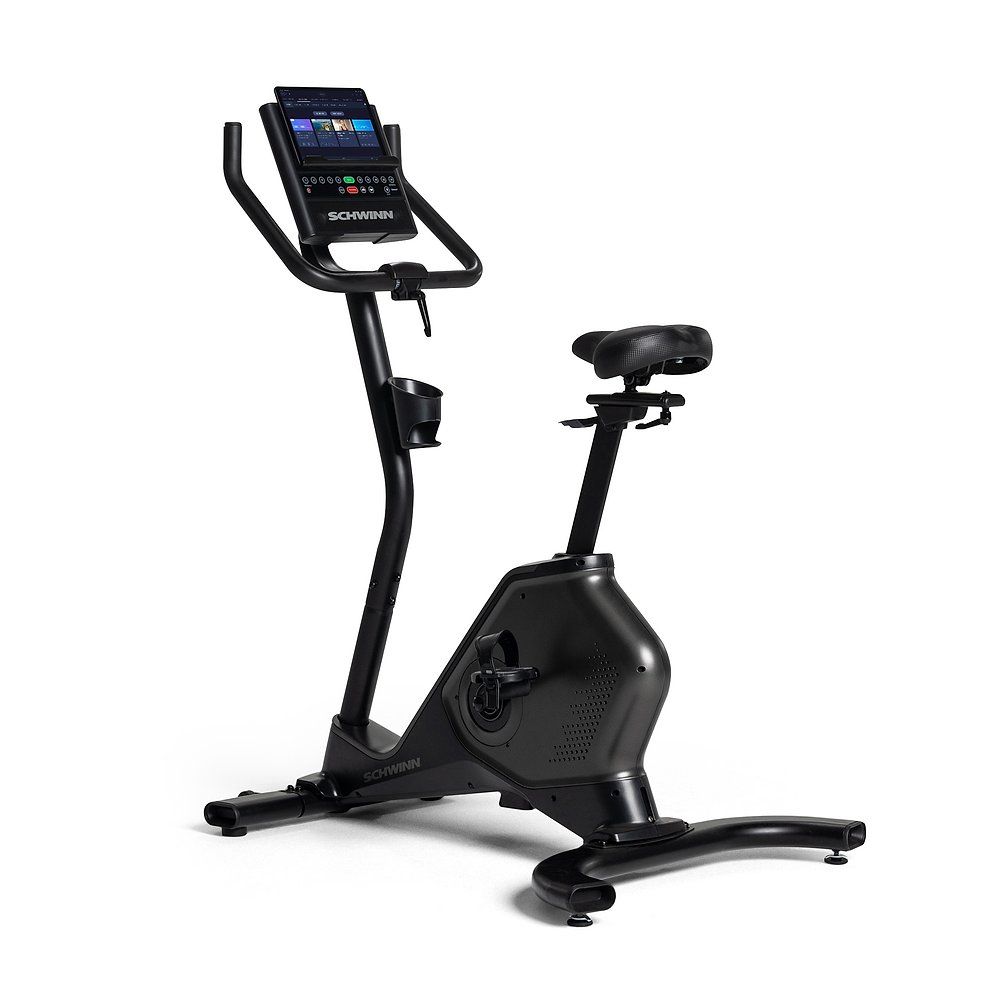 Ergometer. Schwarze Konstruktion. Sitz, Lenker, Konsole. Marke: SCHWINN. Wasserflaschenhalter.