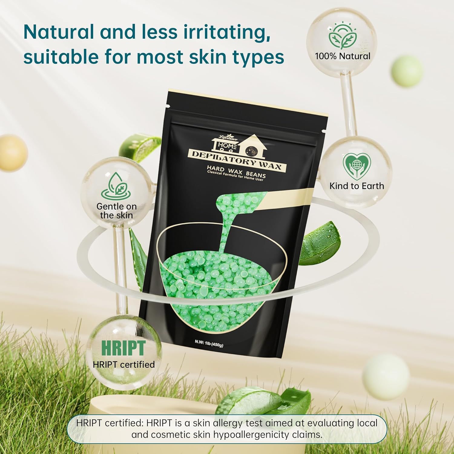 Schwarze Verpackung mit grünen Wachsperlen. Text: HRIPT-zertifiziert, sanft zur Haut, 100% natürlich. Aloe-Blätter.