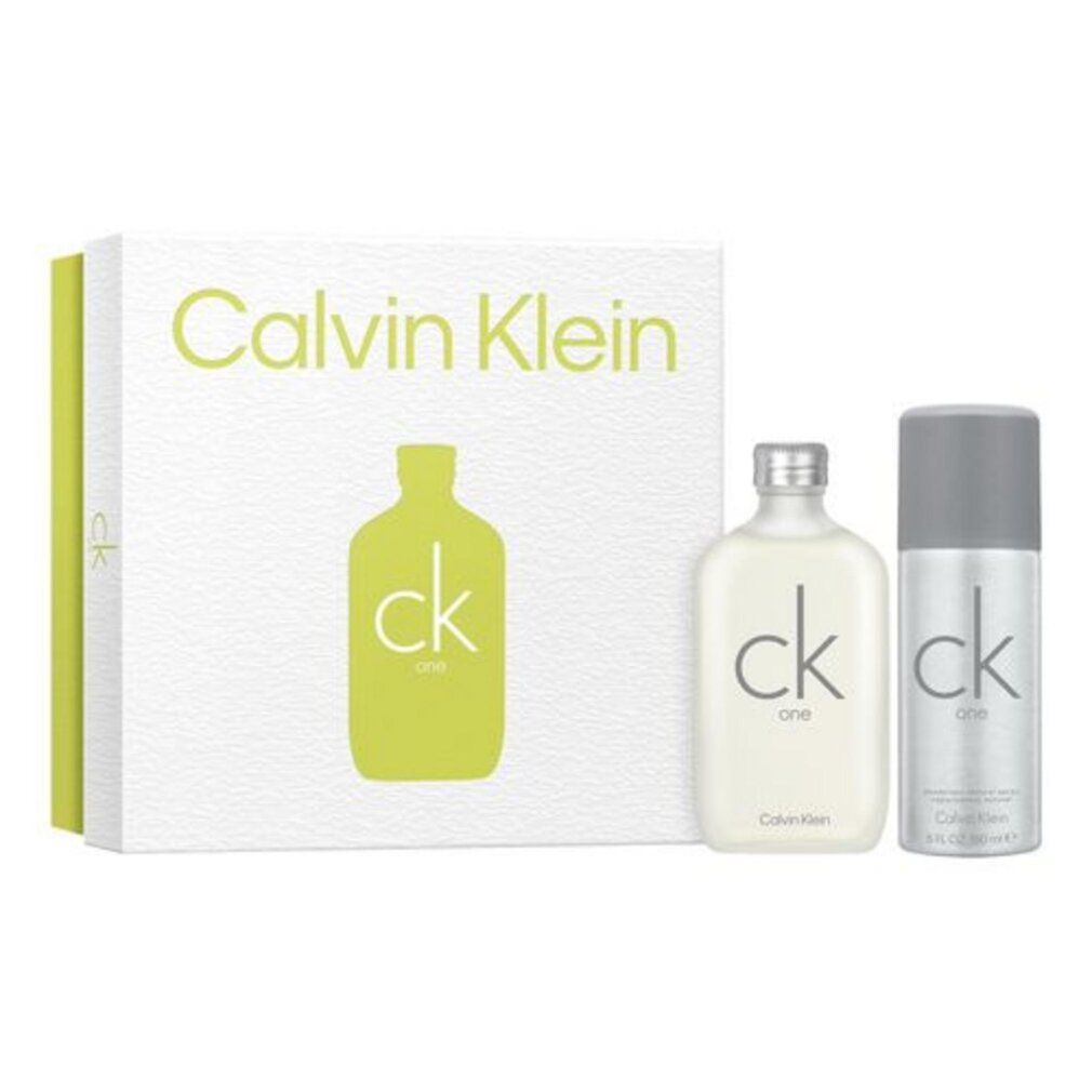 Geschenkset mit Flakon, Deodorant und Verpackung. Weißes Set mit grünem Akzent. Calvin Klein Logo und ck-Logo.