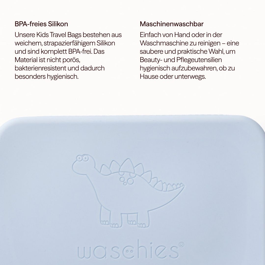 Nahaufnahme der hellblauen Tasche mit Dinosaurier-Motiv. Waschies-Logo unten. Text über BPA-freies Silikon.