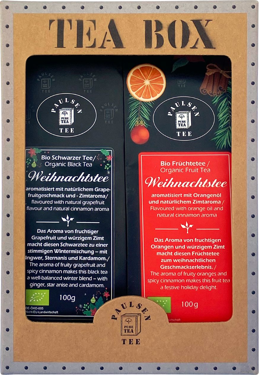 Geschenkbox mit zwei Tee-Packungen. Schwarzer Tee und Früchtetee. Aufdrucke: Paulsen Tee, Bio Weihnachtstee, 100g, EU-Bio-Logo.