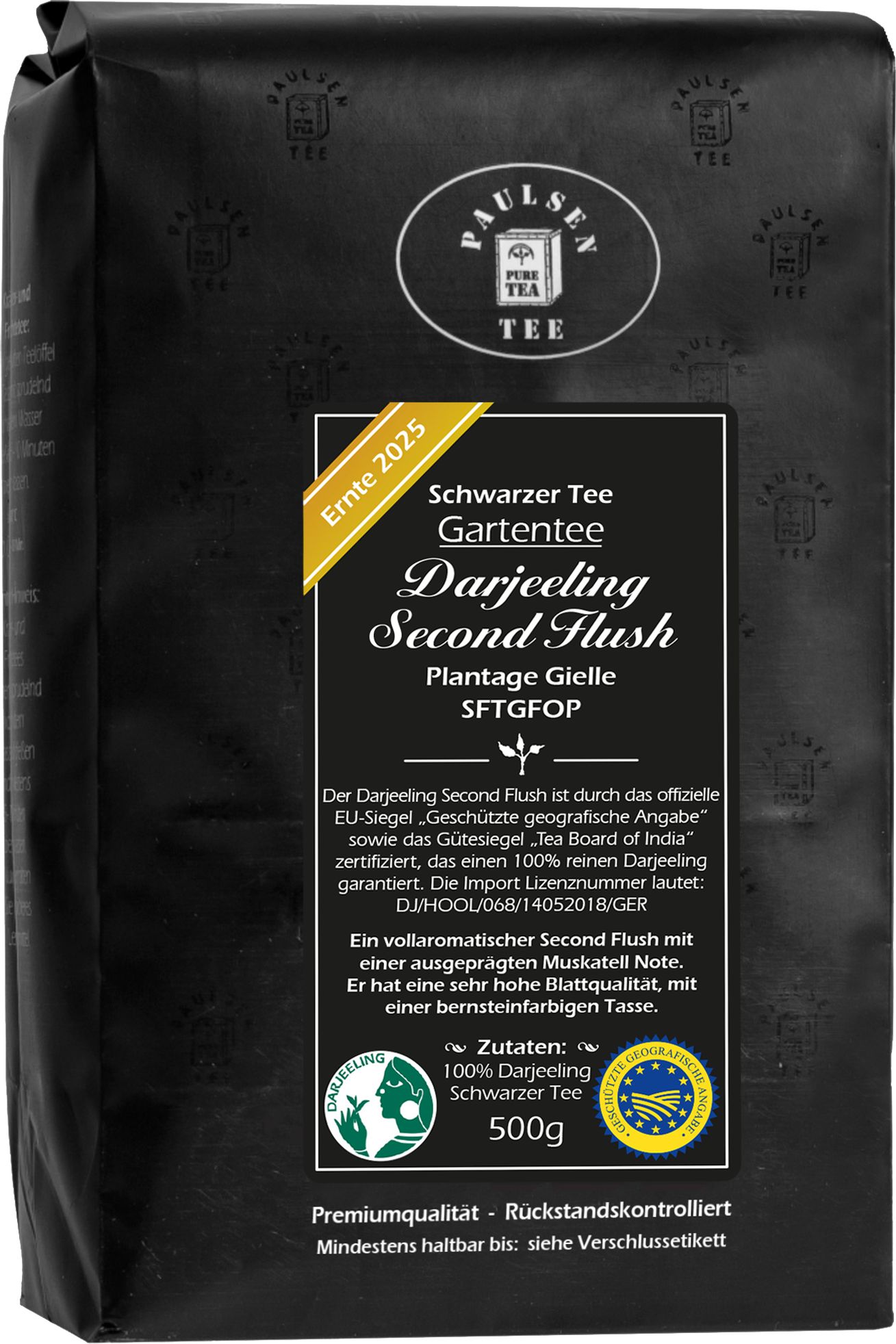 Schwarzer Tee Paulsen Darjeeling Second Flush, Plantage Gielle. Schwarze Verpackung mit Logo und Text. Ernte 2025. 500g.