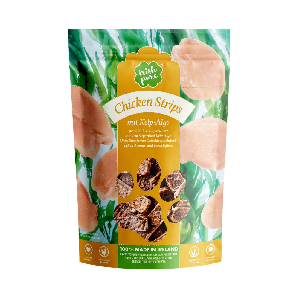 Verpackung Irish Pure Chicken Strips mit Kelp-Alge für Hunde.