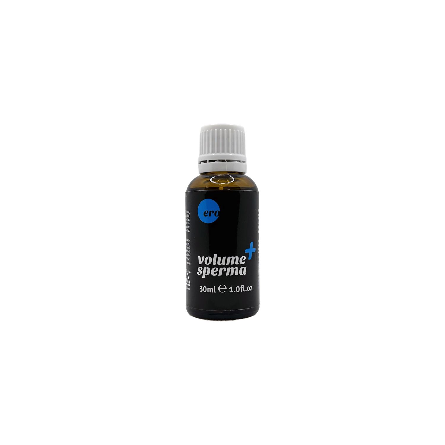 Braune Glasflasche mit weißem Deckel, VOLUME drops men Etikett, 30ml.