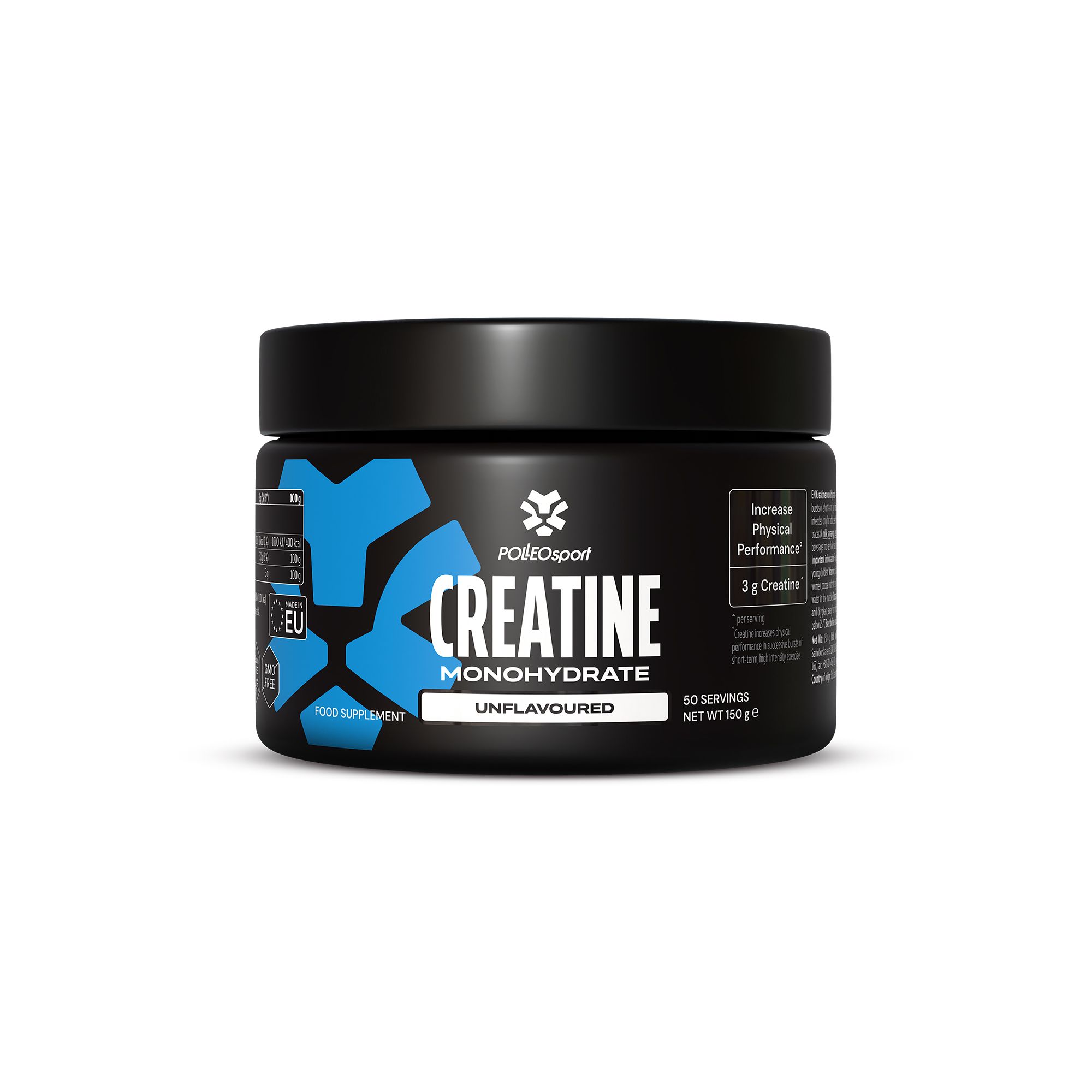 Schwarzer Behälter mit blauem Muster. Aufschrift: Creatine Monohydrate, Unflavoured. Marke: PolleoSport. Nahrungsergänzungsmittel.