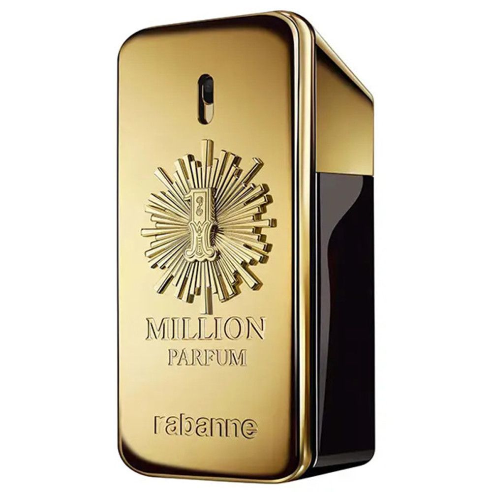Goldfarbener Flakon. Aufschrift: 1 Million Parfum. Schwarzer Hintergrund.
