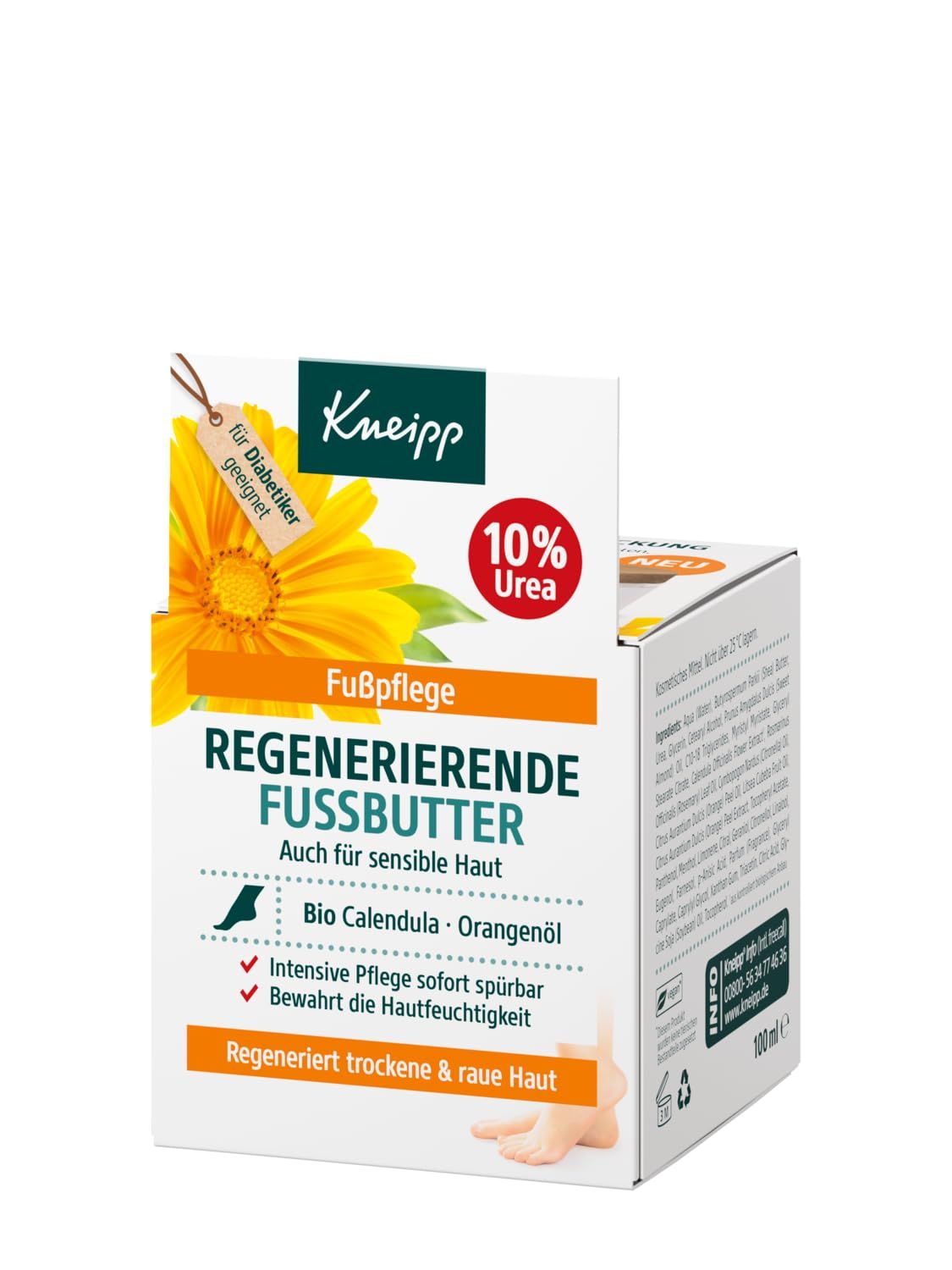 Karton mit Fussbutter. Aufschrift: Kneipp, Fussbutter, 10% Urea, Bio Calendula, Orangenöl. Für Diabetiker geeignet. Regeneriert trockene & raue Haut.