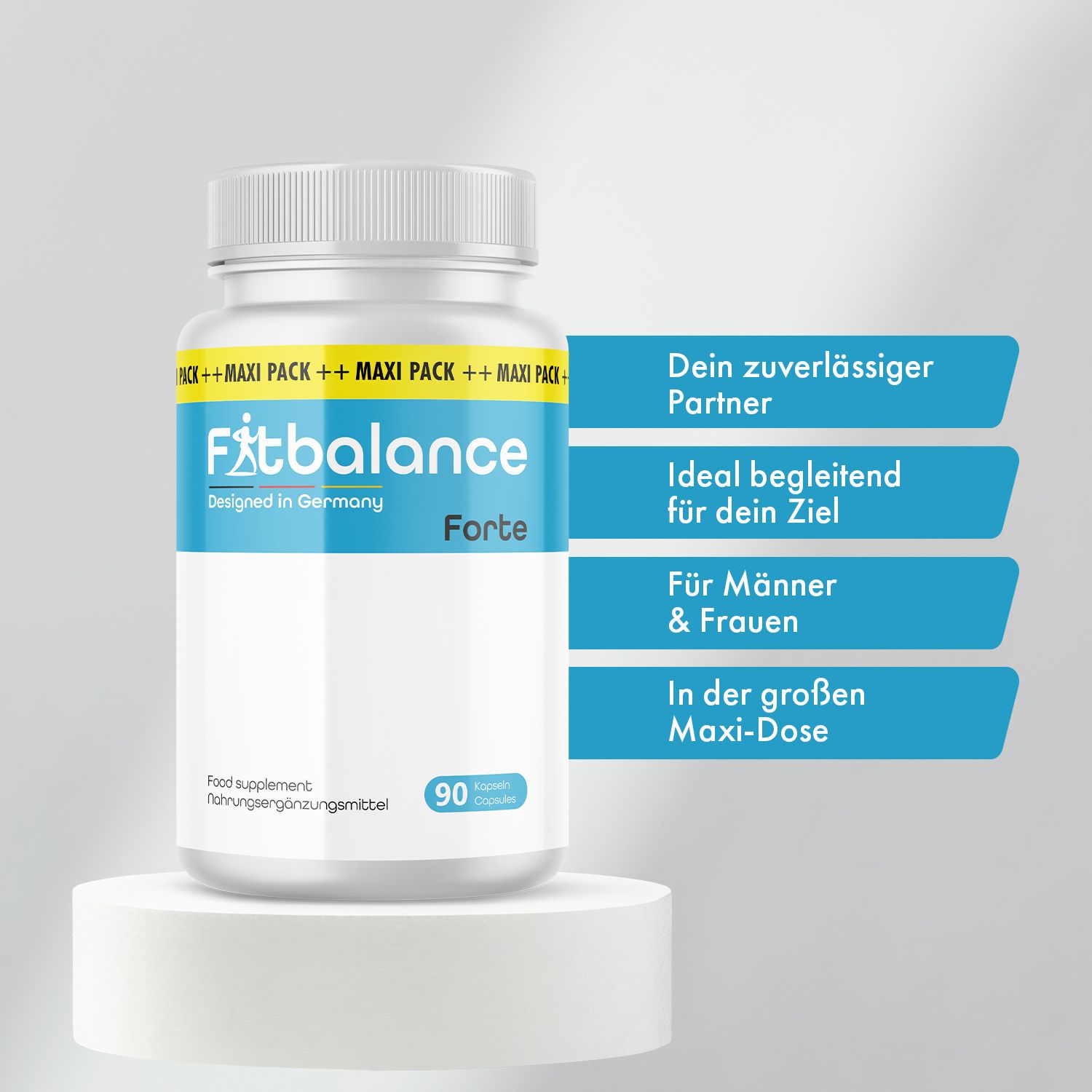 Weiße Flasche mit blauem Etikett. Aufschrift: Fitbalance Forte, 90 Kapseln. Zusätzliche Textfelder mit Produktvorteilen.