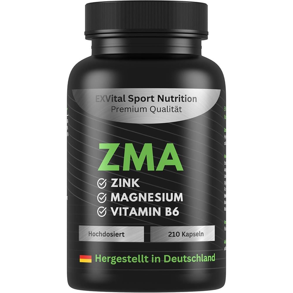Schwarze Flasche mit ZMA-Kapseln. Aufschrift: Zink, Magnesium, Vitamin B6. Hochdosiert, 210 Kapseln. Hergestellt in Deutschland. Marke: EXVital Sport Nutrition.