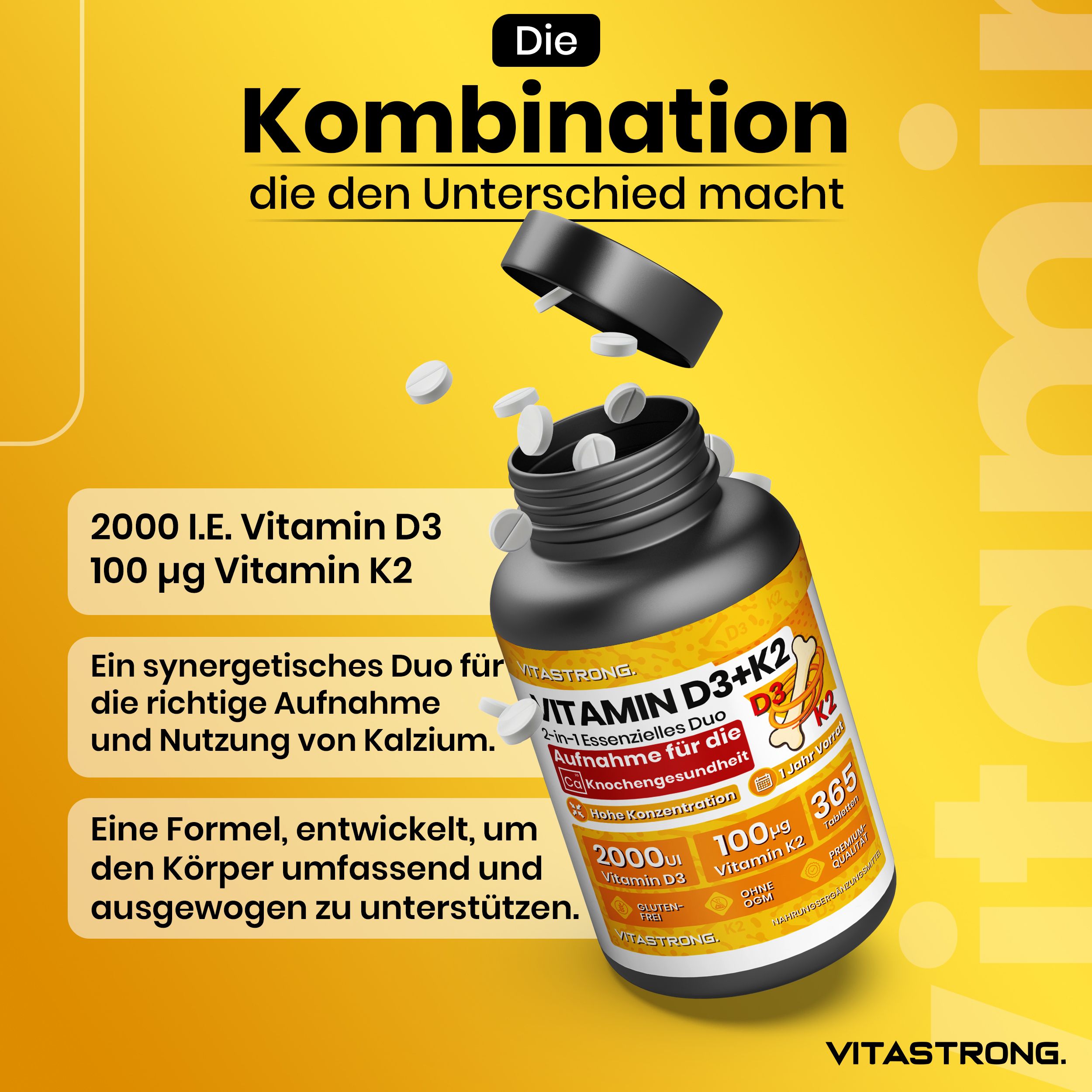 Gelber Hintergrund mit Flasche Vitastrong Vitamin D3 + K2. Tabletten fallen aus der Flasche. Text: 2000 IE D3, 100 µg K2.