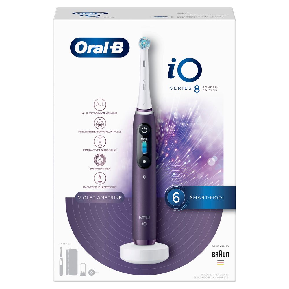 Elektrische Zahnbürste iO Series 8 Violet Ametrine in Verpackung. Produktname, Logo und 6 Smart Modi sichtbar.