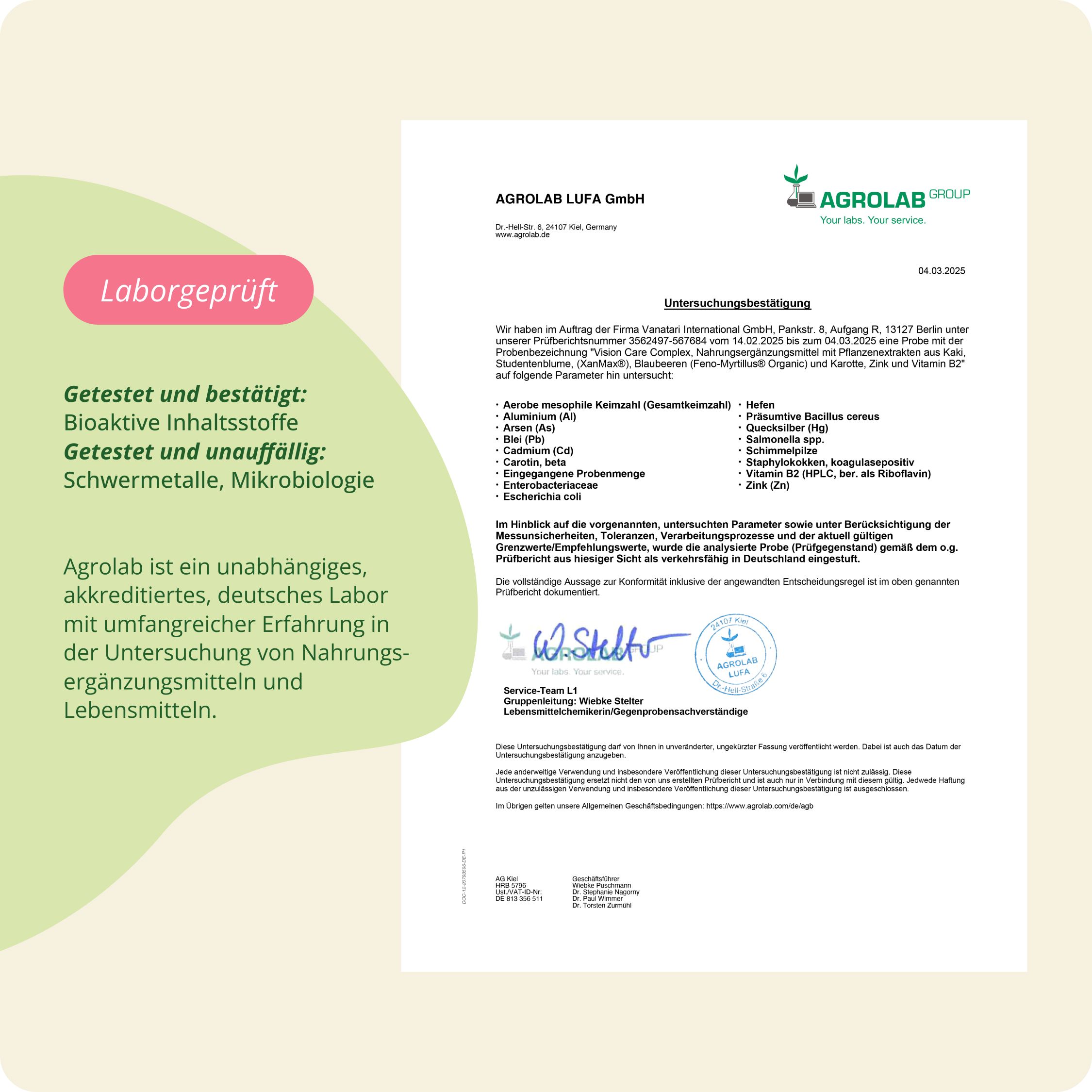 Laborbericht von Agrolab für Vegavaro Vision Care Complex, getestet auf Schwermetalle.