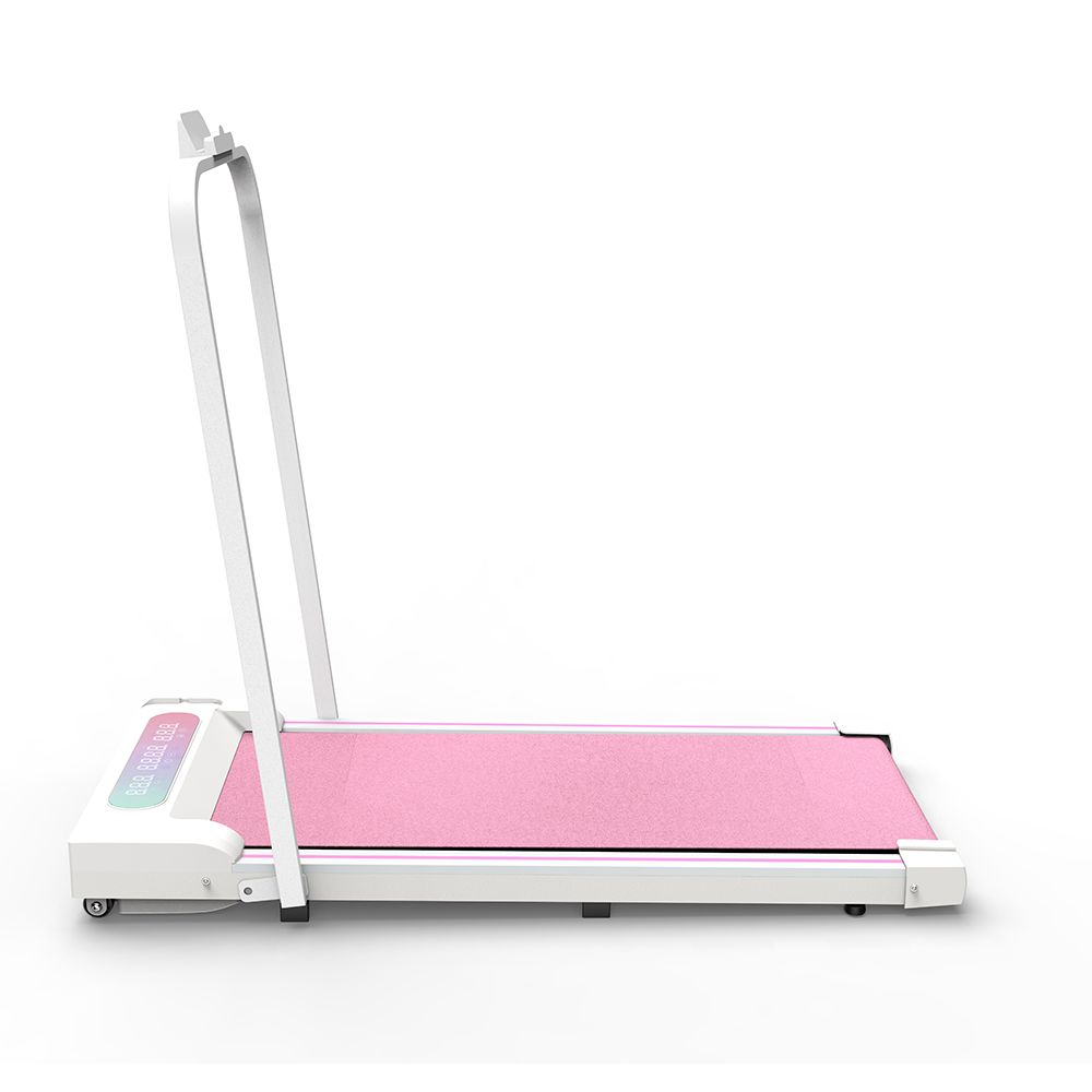 Faltbares Laufband mit rosa Lauffläche, weißem Rahmen, LED-Display und Haltegriff. Seitenansicht.