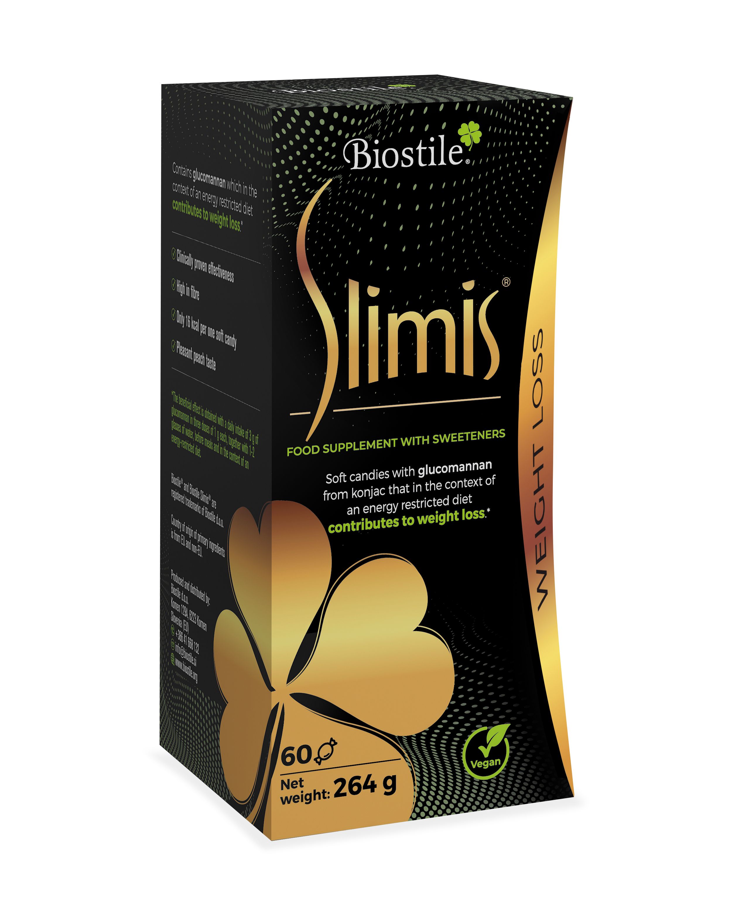 Schwarze Verpackung mit "Biostile Slimis". Enthält 60 weiche Bonbons. Vegan-Siegel. Goldfarbenes Kleeblatt-Design.