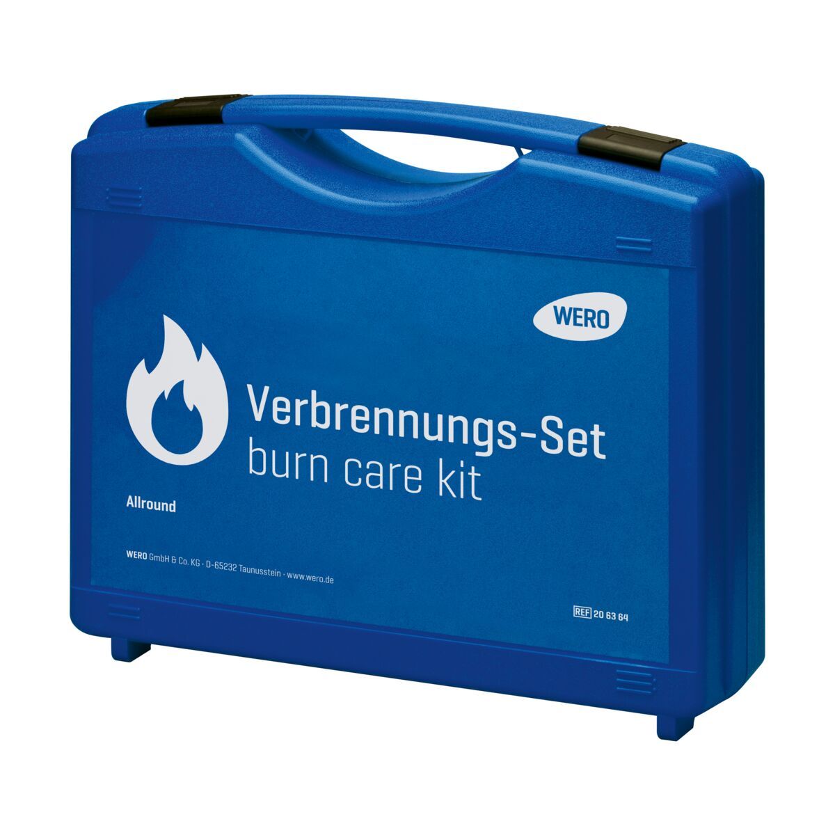 Blauer Koffer mit Griff und Aufdruck. Aufschrift: WERO Verbrennungs-Set Allround, Flammen-Symbol. Herstellerlogo.